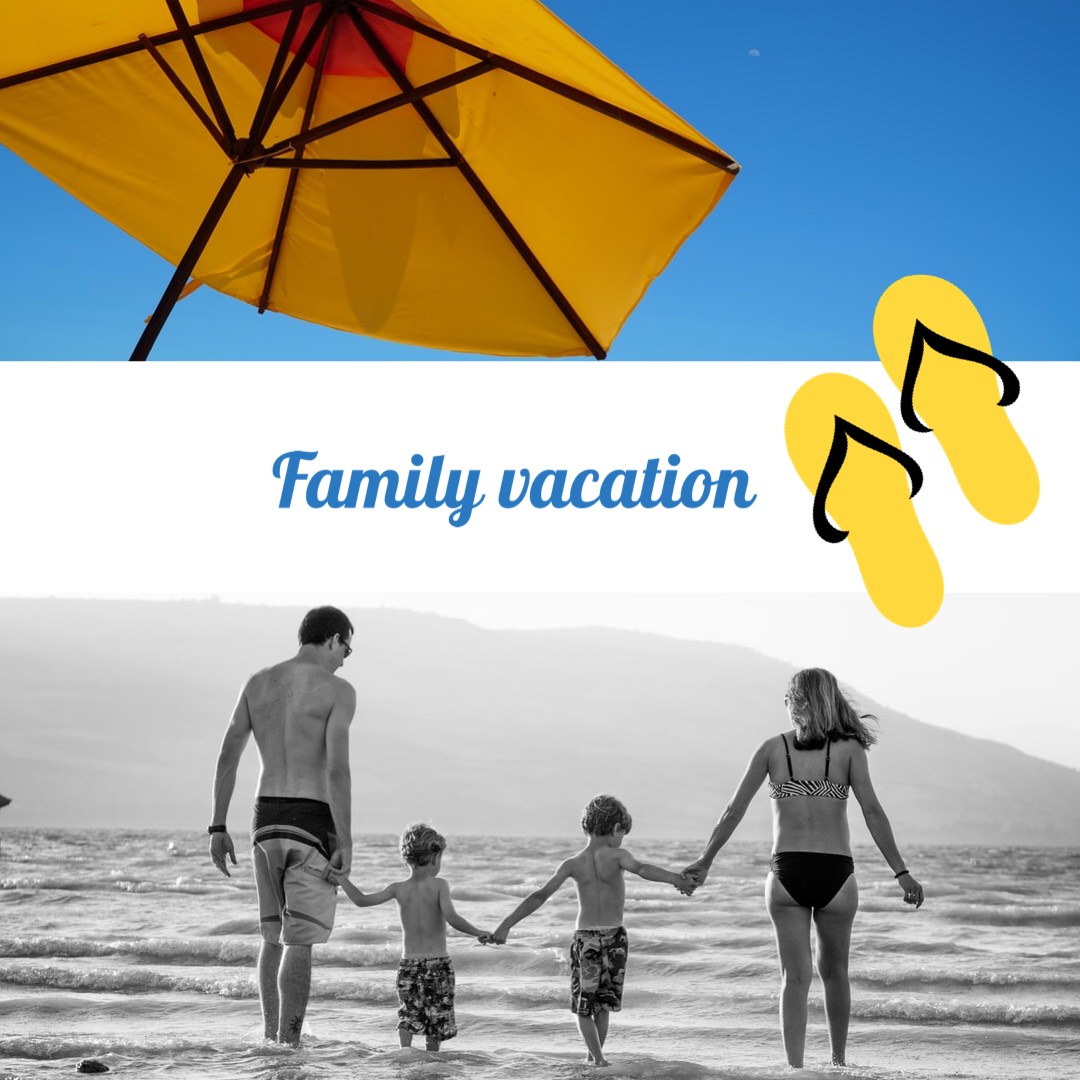 A Family Walking On The Beach Under An Umbrella Grids Template