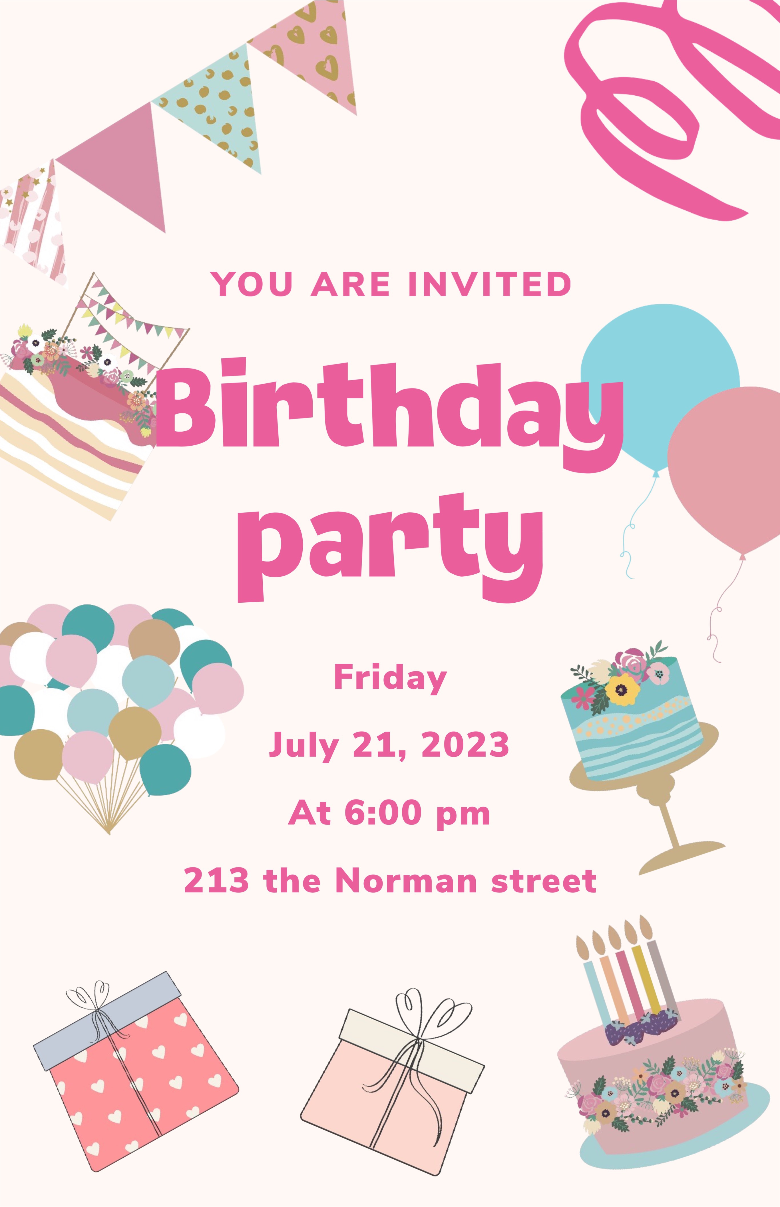 pink & beige Retro illustration Birthday Invitation