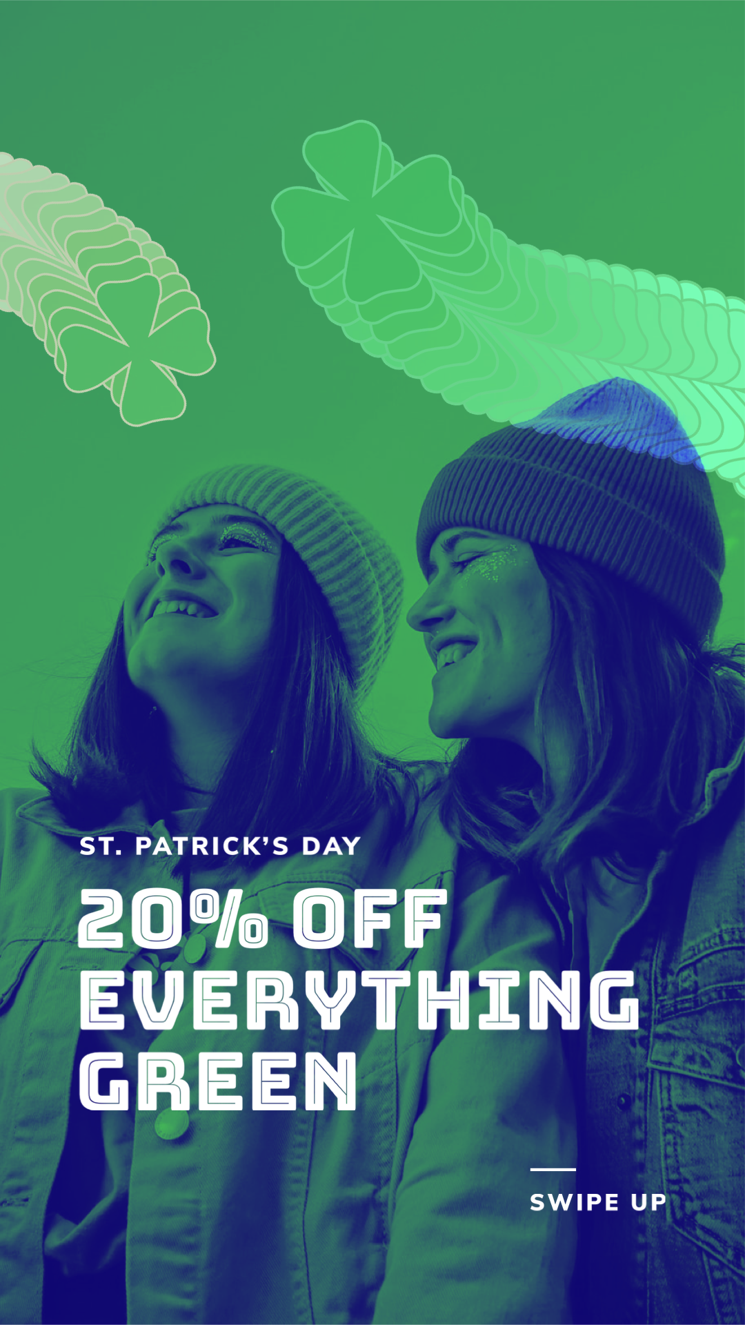 Two Women Wearing Winter Hats With The Text St Patrick'S Day 20 % Off St Patrick S Day Template