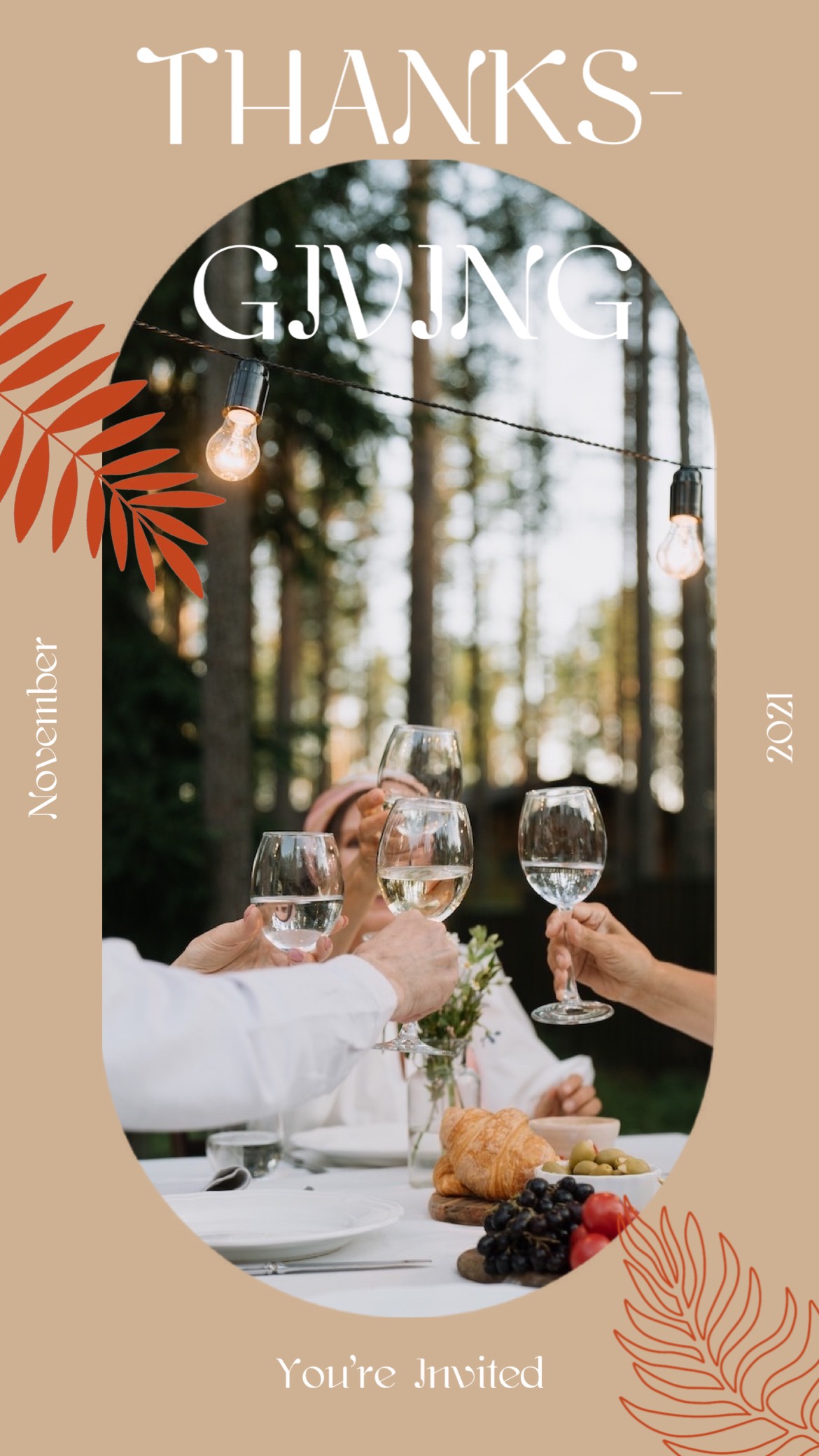 Two People Toasting Wine Glasses At A Dinner Table Thanksgiving Template