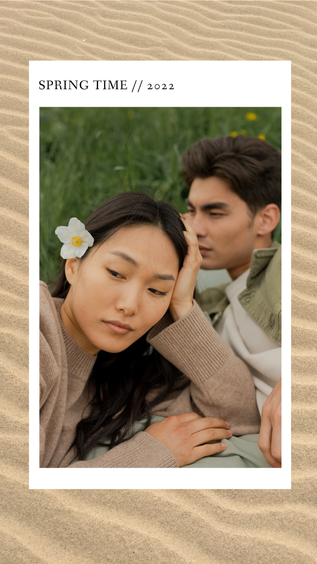 A Man And A Woman Laying In The Sand Spring Story Template