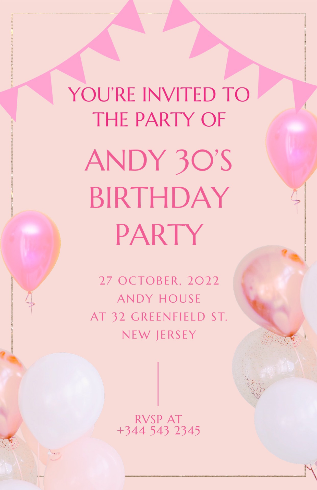 Cream peachy and pink Elegant Birthday Invitation