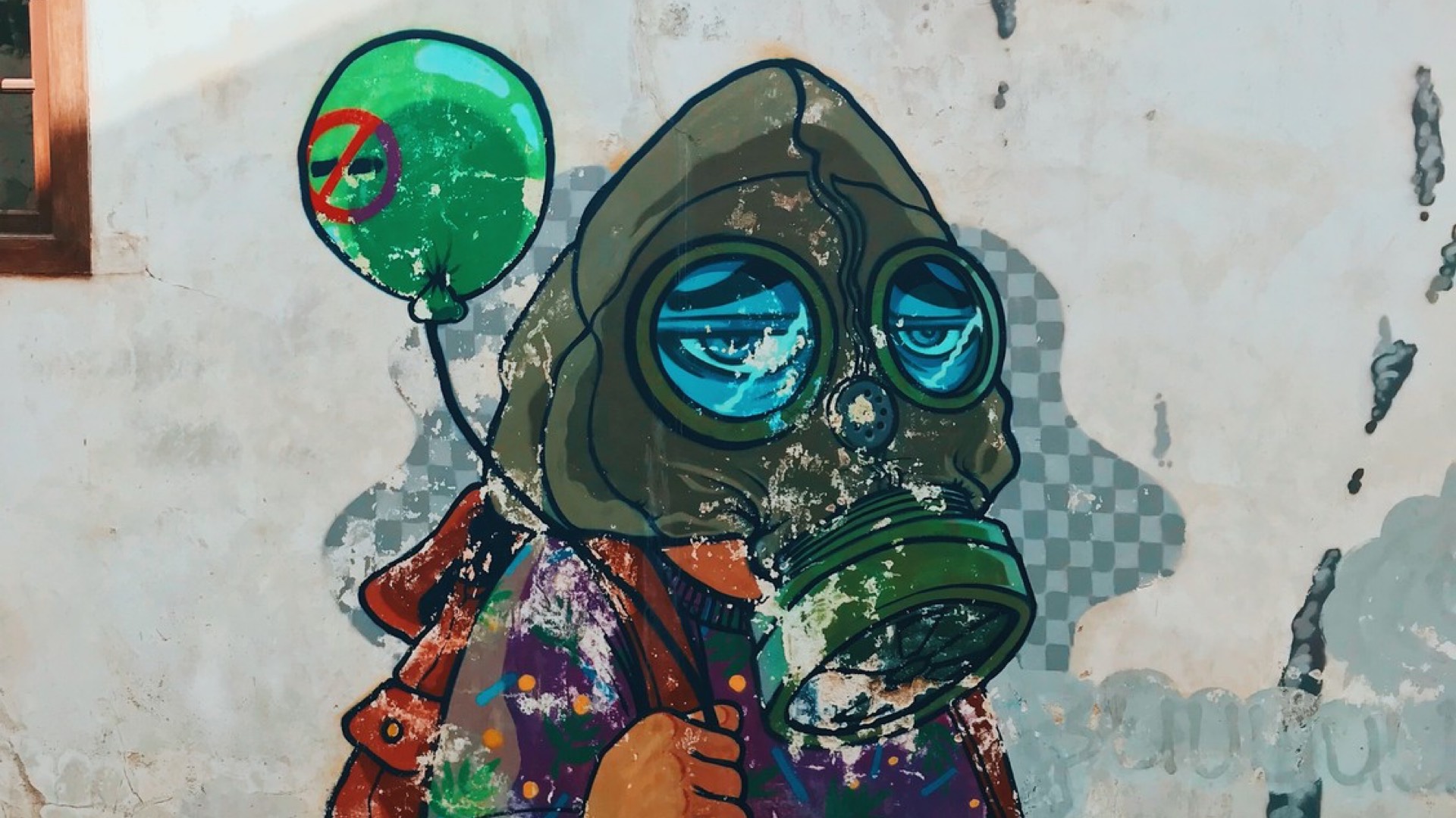A Painting Of A Gas Mask Holding A Green Balloon Zoom Backgrounds Template