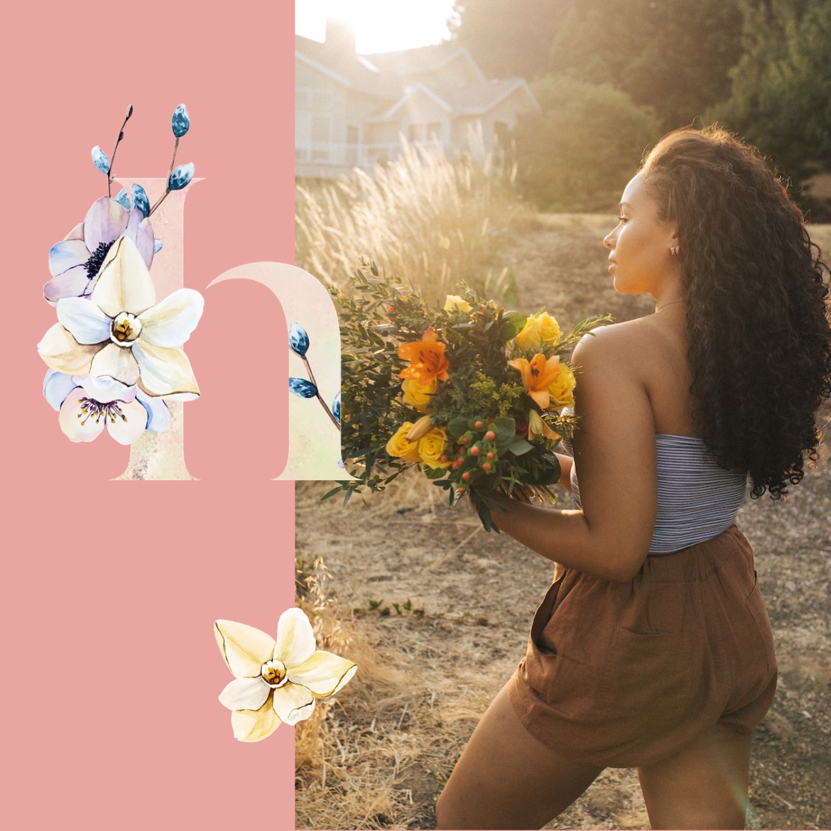 A Woman Is Holding A Bouquet Of Flowers Hello Spring Template