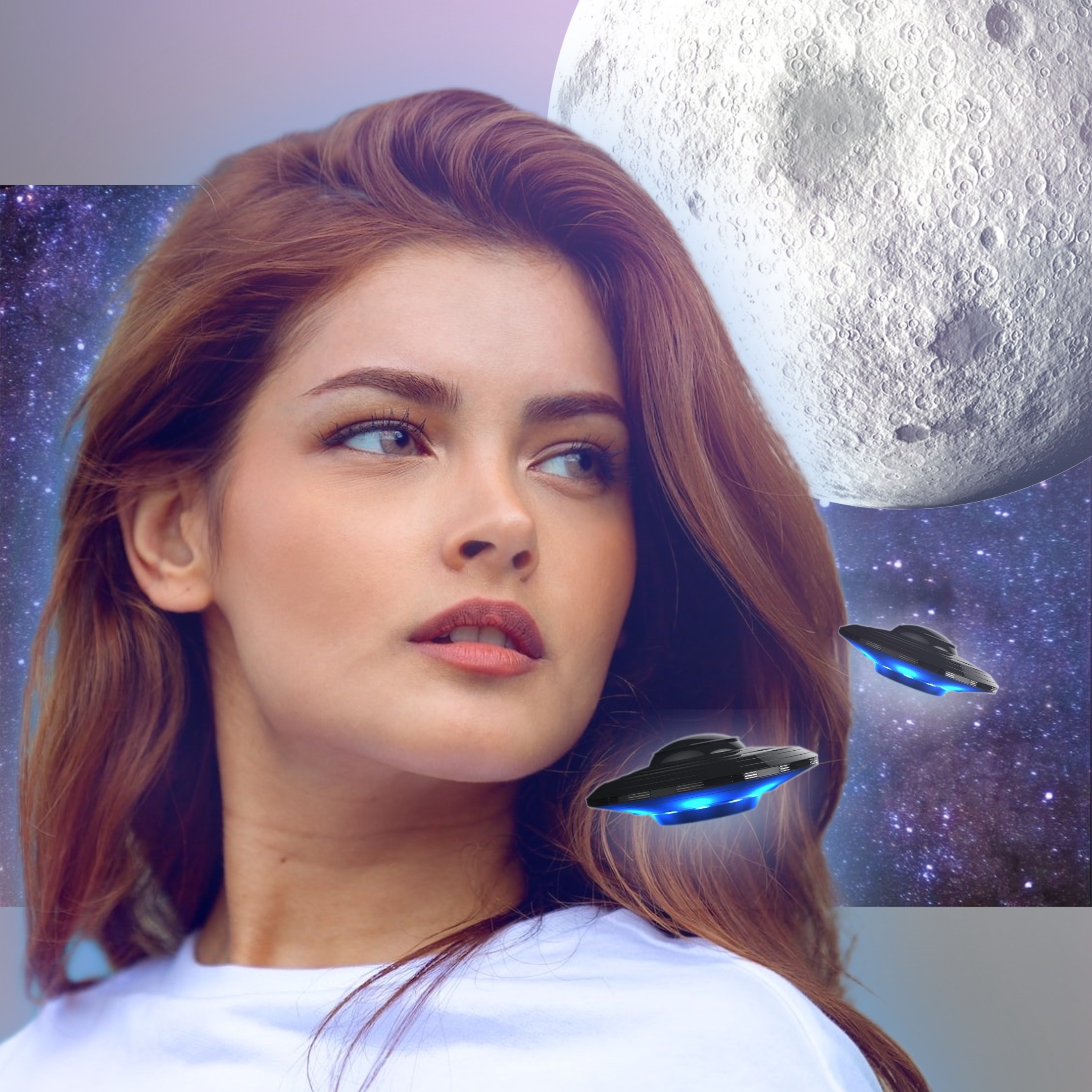 Profile Pic With Woman In The Space, Stars, Planets And Spaceship