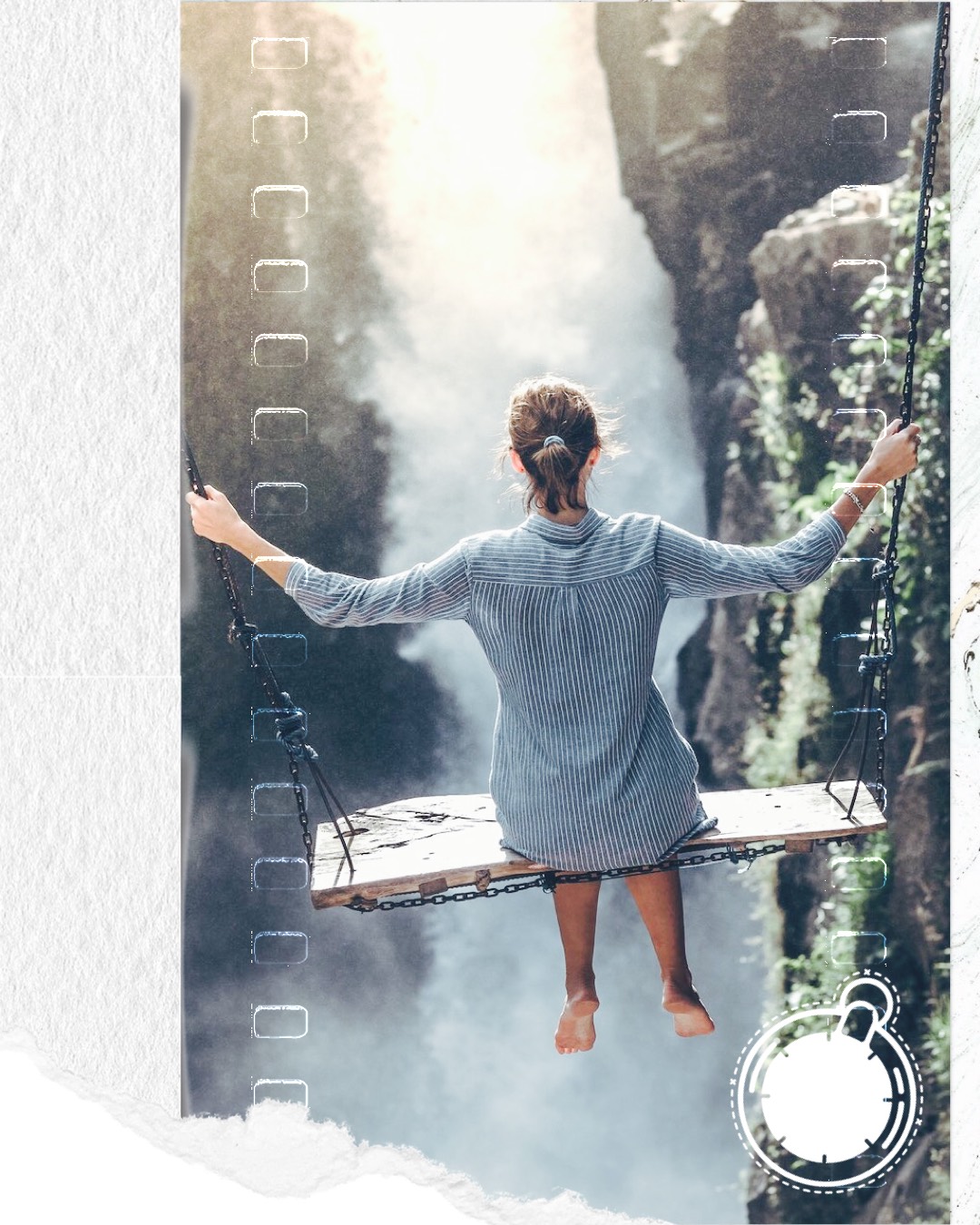 A Woman Sitting On A Swing In Front Of A Waterfall Wanderlust Template