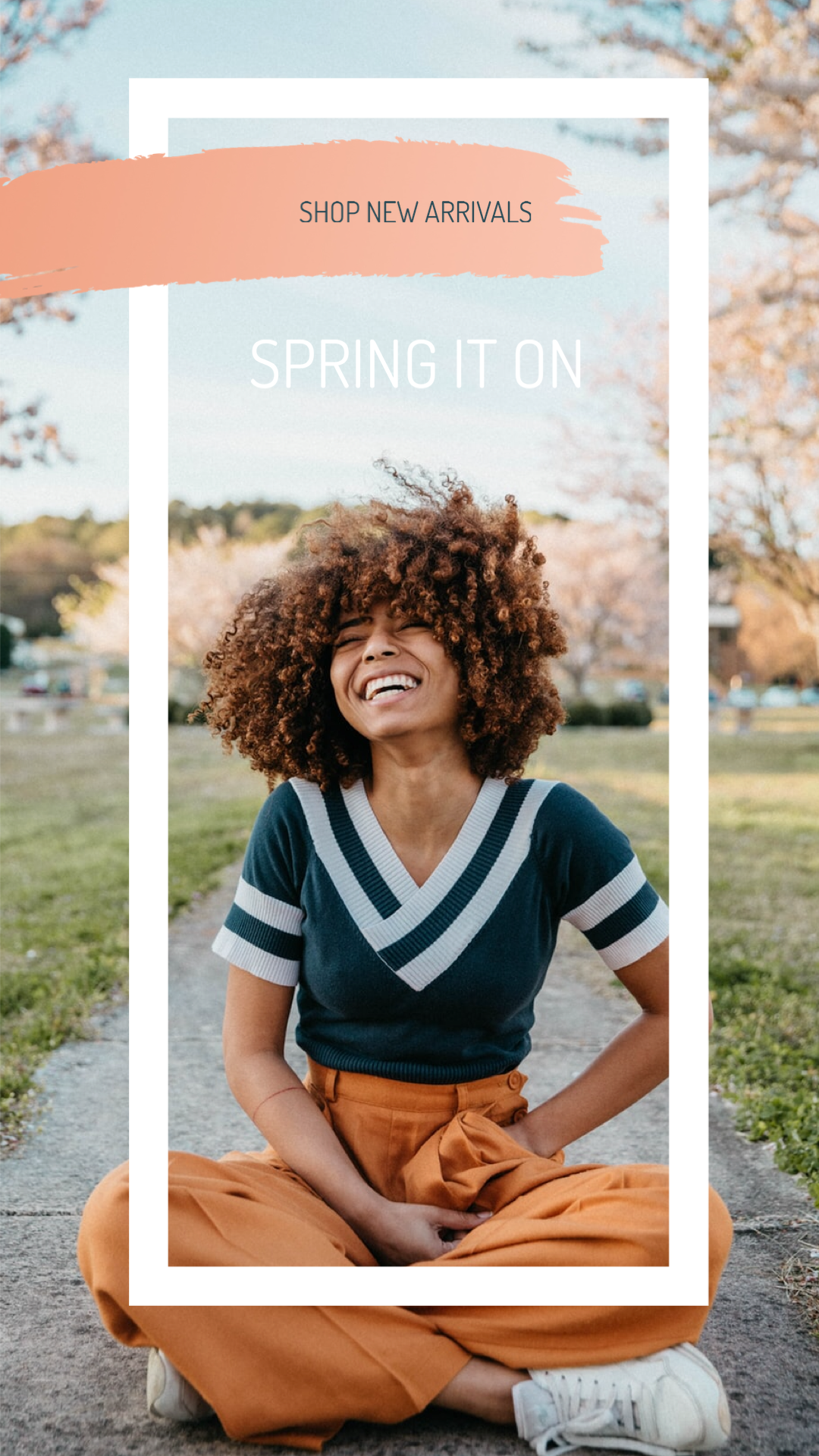 A Woman With Curly Hair Sitting On A Sidewalk Spring Story Template