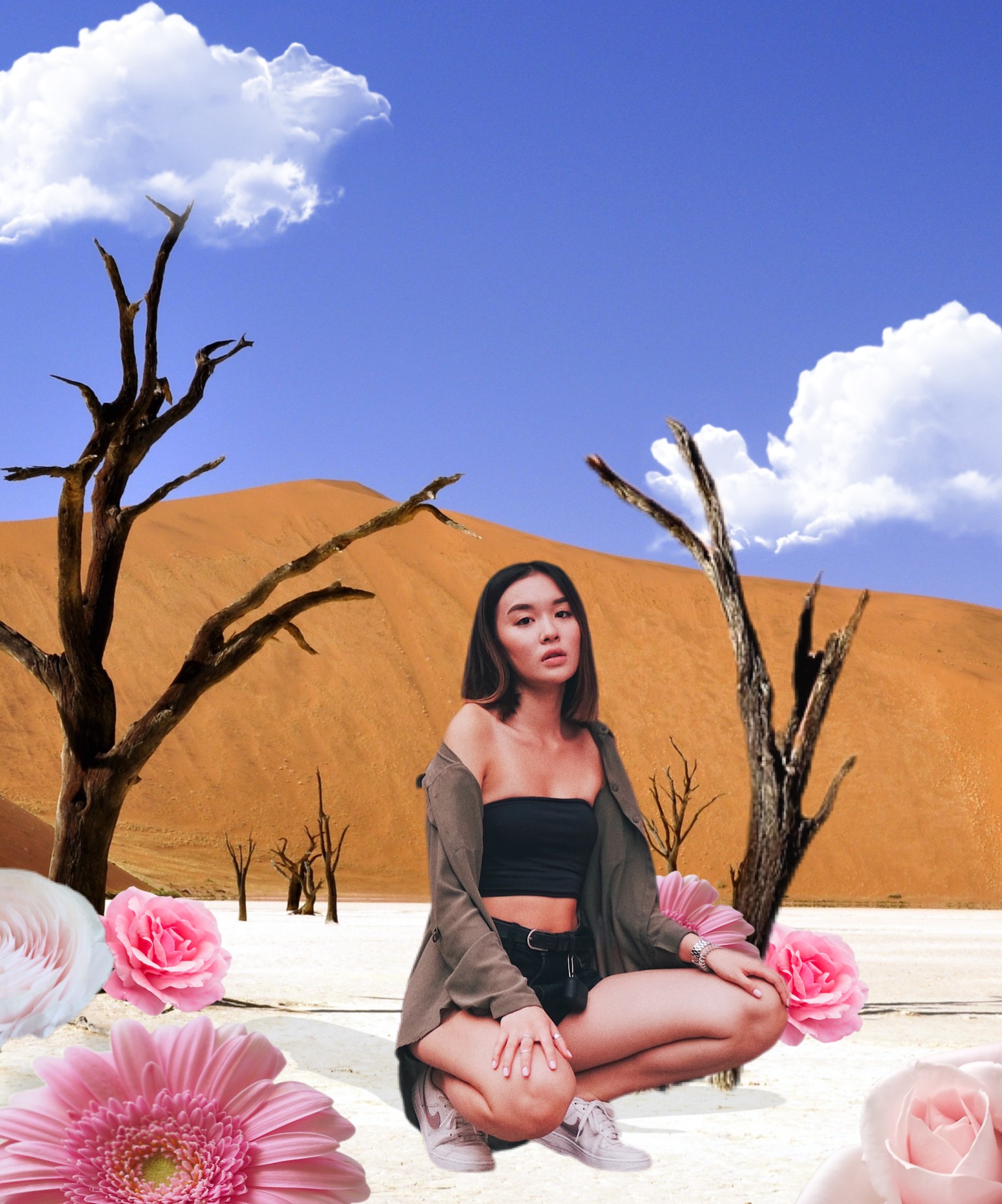 Woman flower and desert collage art template