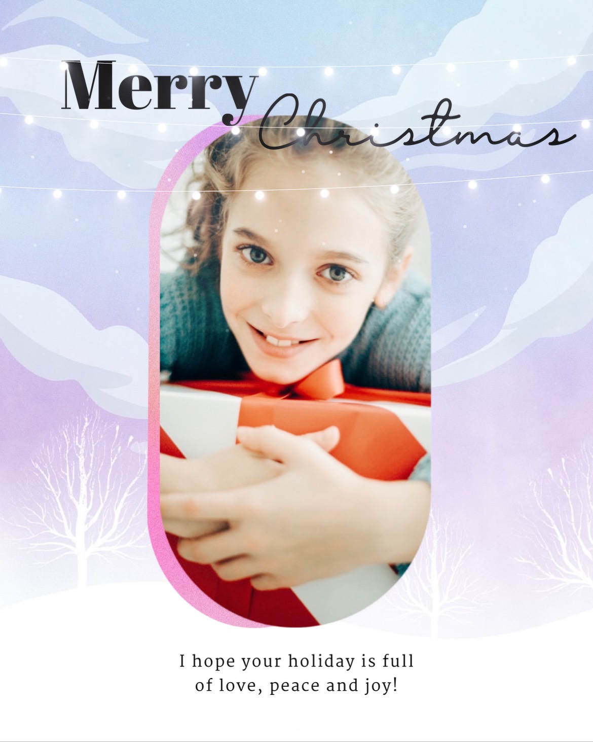 Girl holding a wrapped gift purple Merry Christmas template