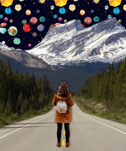 Woman and mountain space collage art template