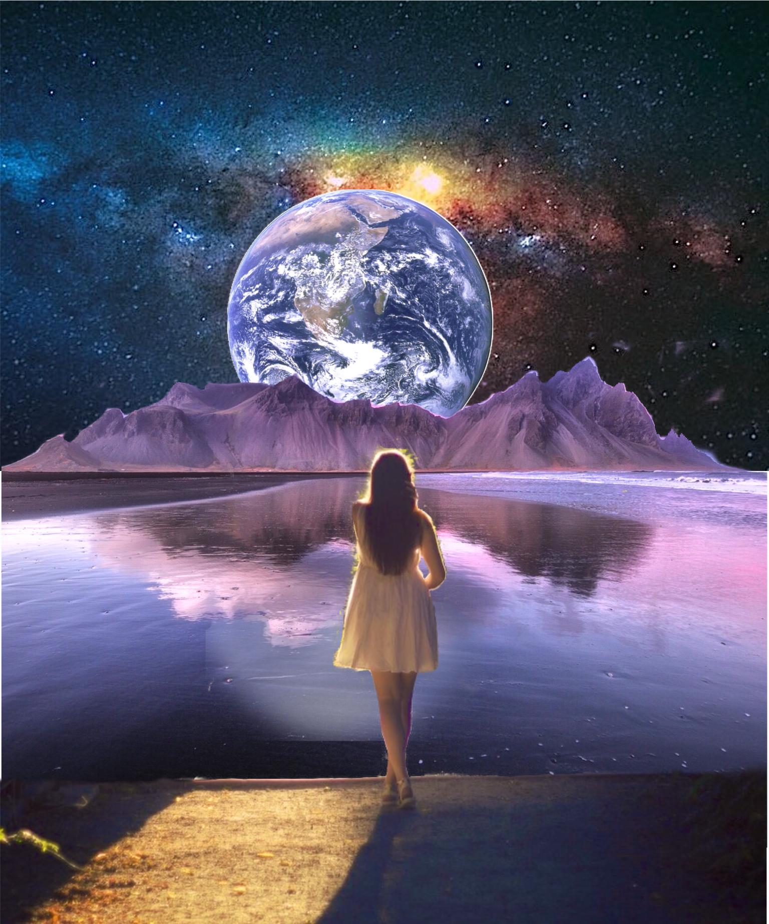 Woman walking on water with mountains and moon view collage art template