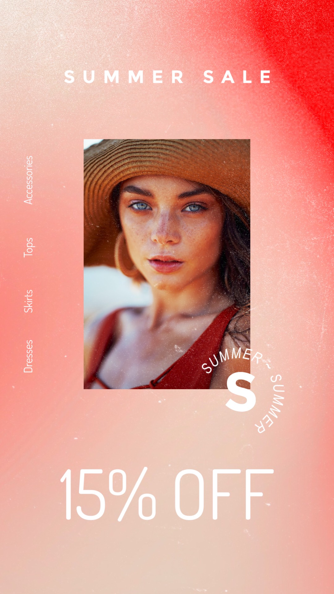 A Woman Wearing A Hat With A Red Background Summer Story Template