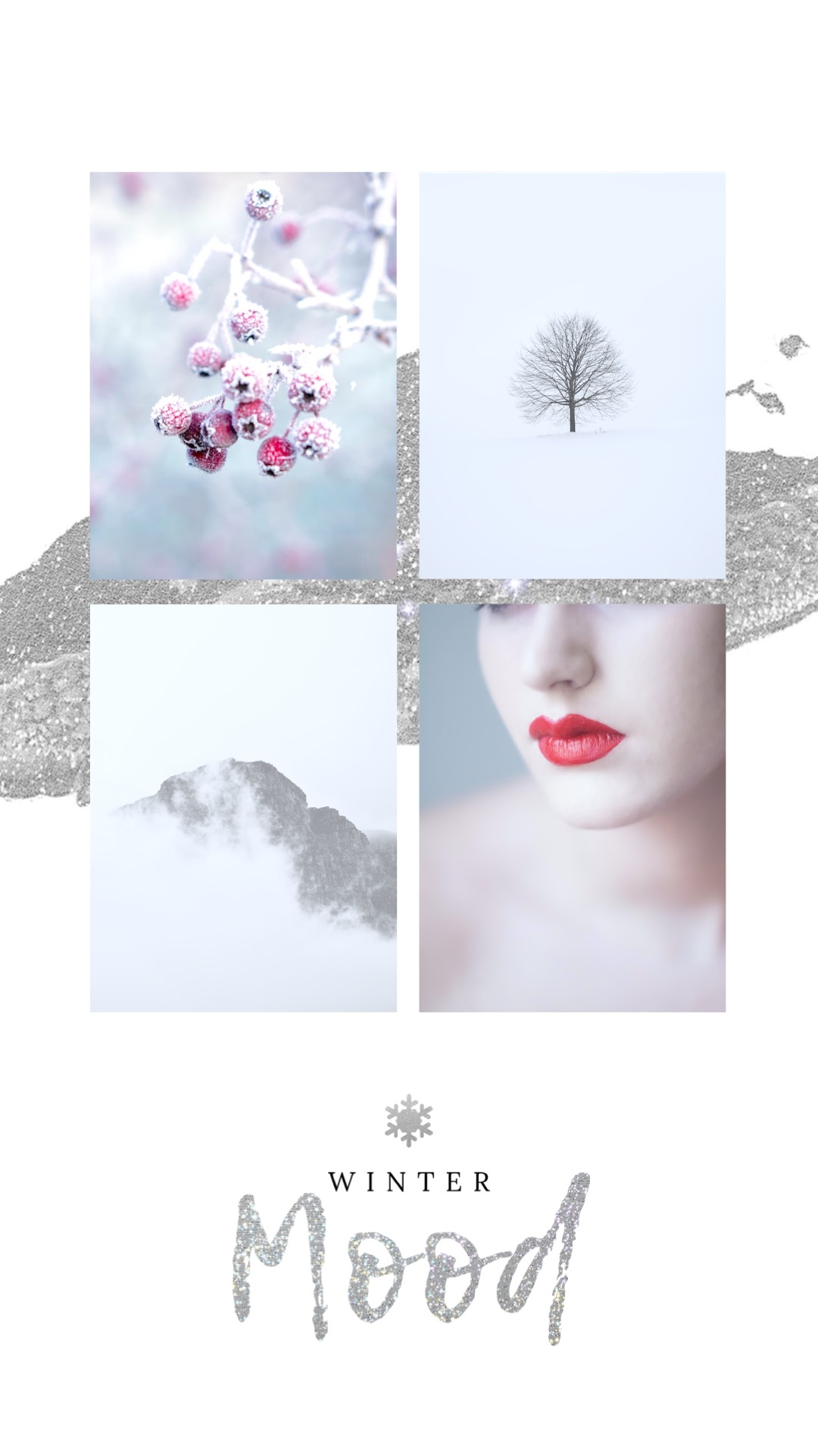 Winter mood collage! Berry tree mountain and woman Winter Story template