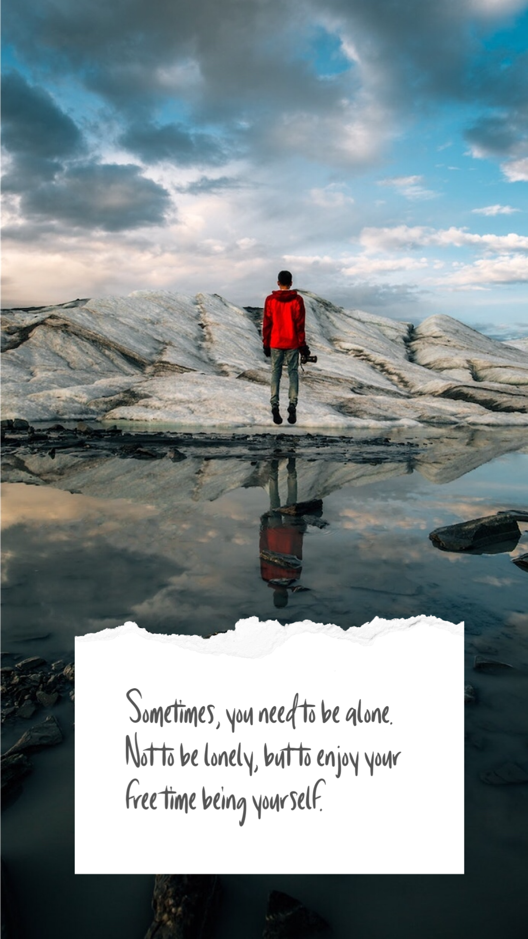 A Man In A Red Jacket Is Standing On A Rock Torn Paper Template