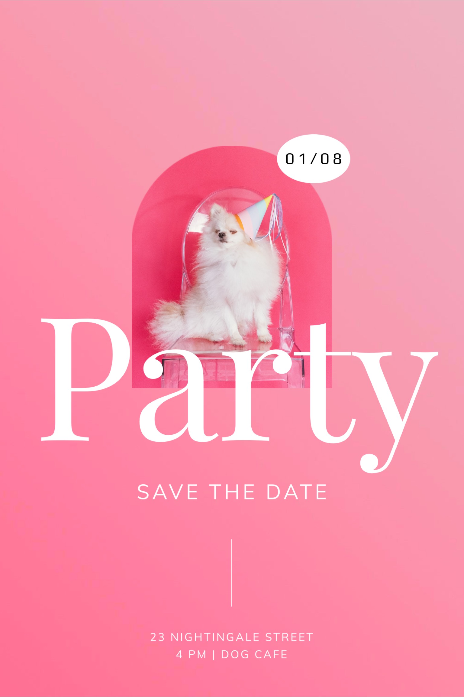 A Pink Party Flyer With A Small White Dog Invitation Template