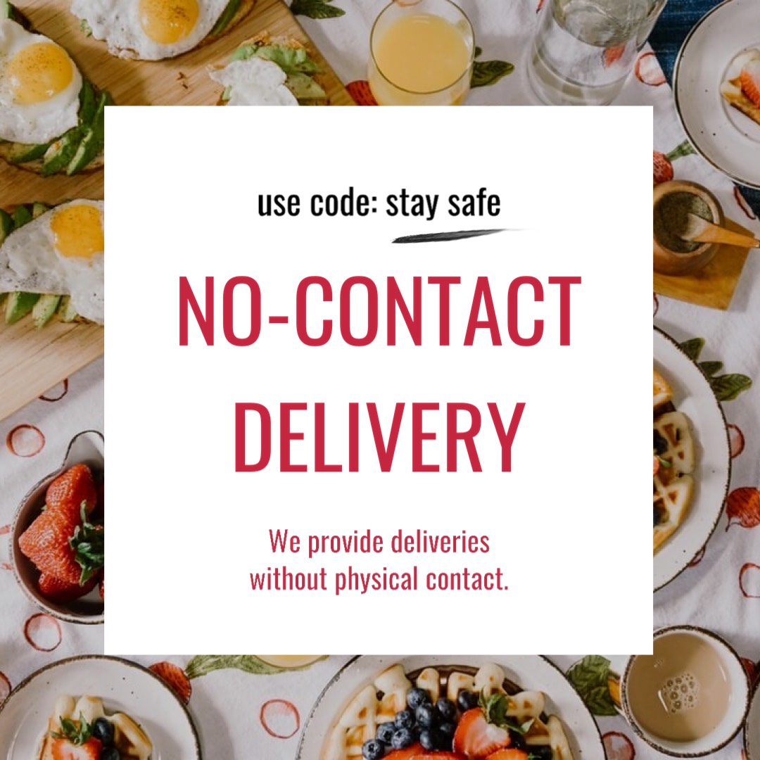 A Table Topped With Plates Of Food And A Sign That Says No Contact Delivery Covid 19 Template