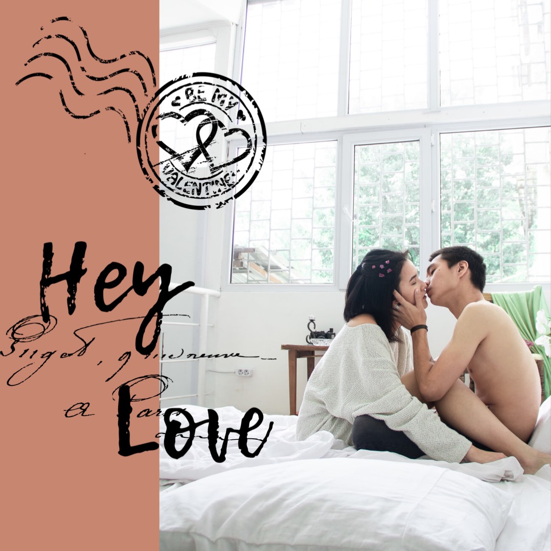 Couple kissing in bed "Hey love" Facebook post template