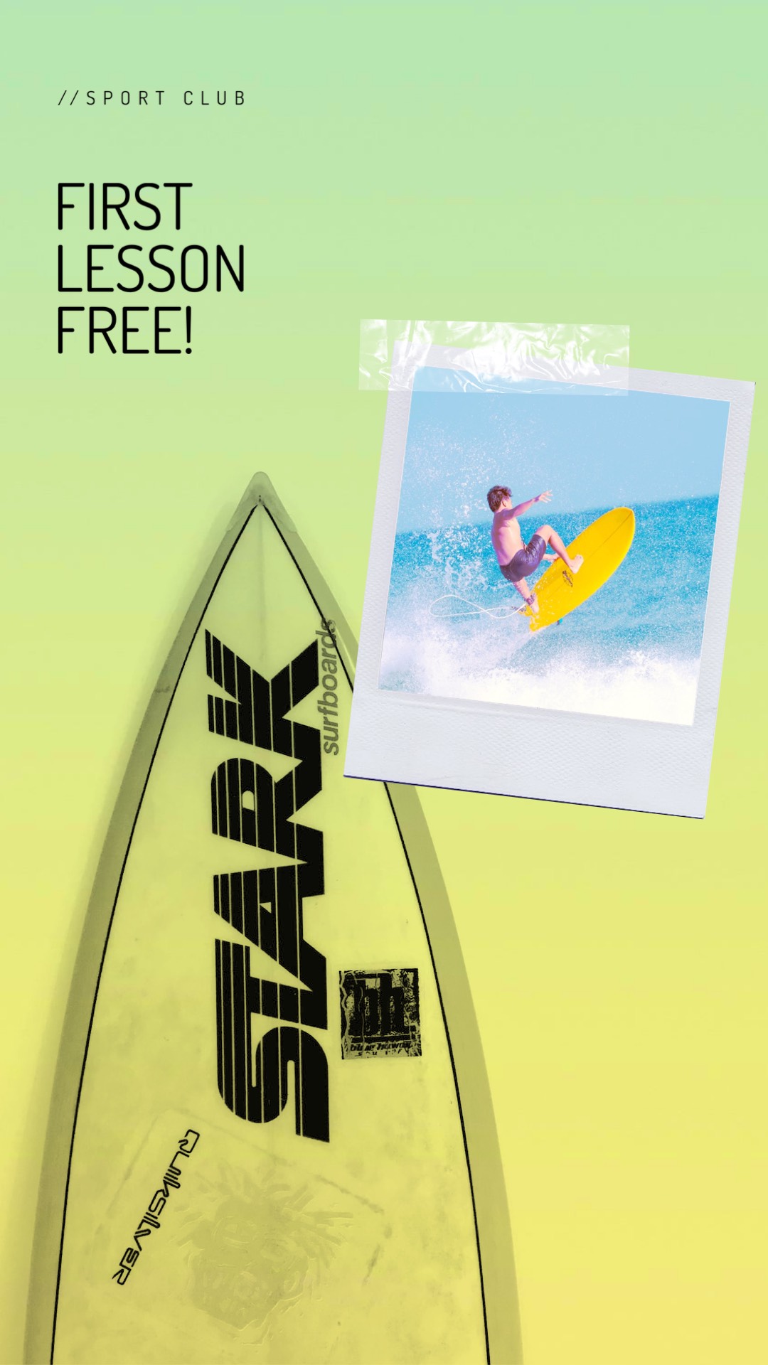 A Yellow Surfboard With A Picture Of A Person On It Summer Story Template