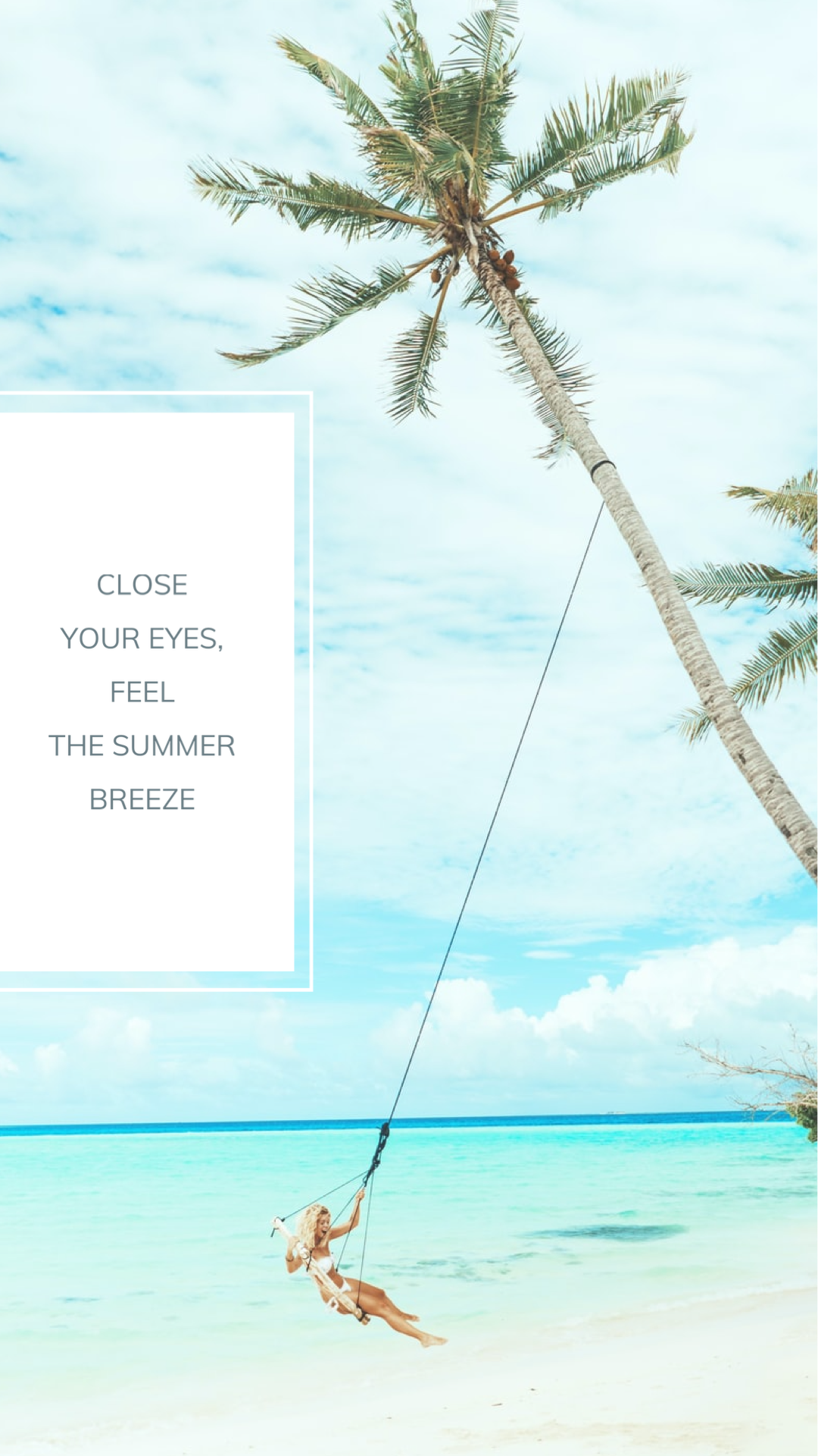 Woman on a swing at the beach palm trees summer story template