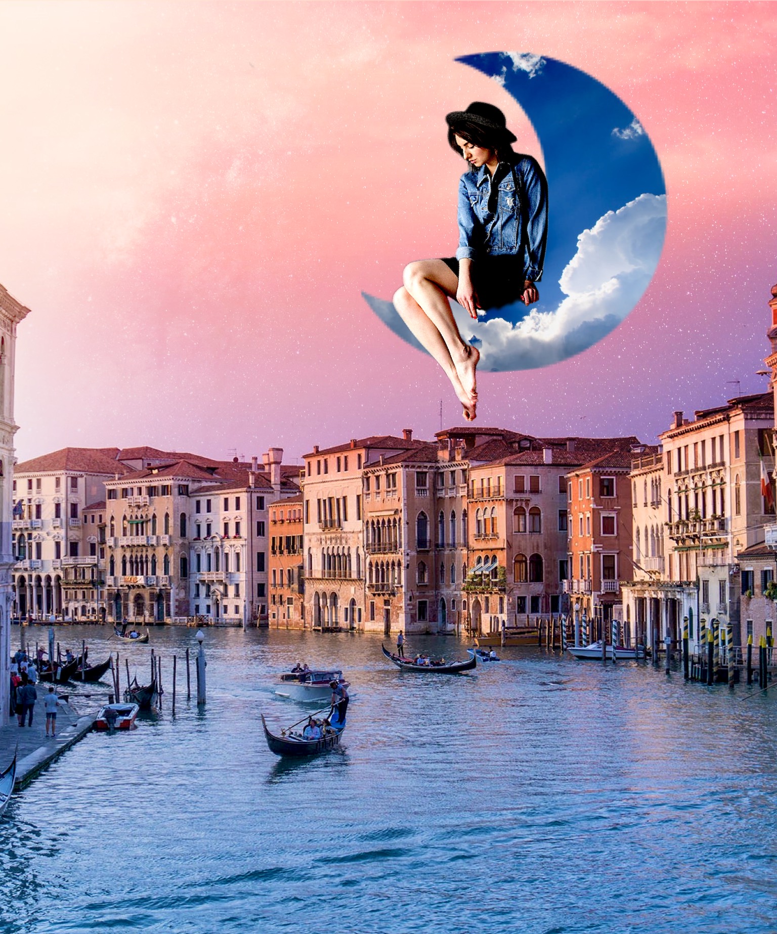 Woman sitting on the moon looking at the city collage art template