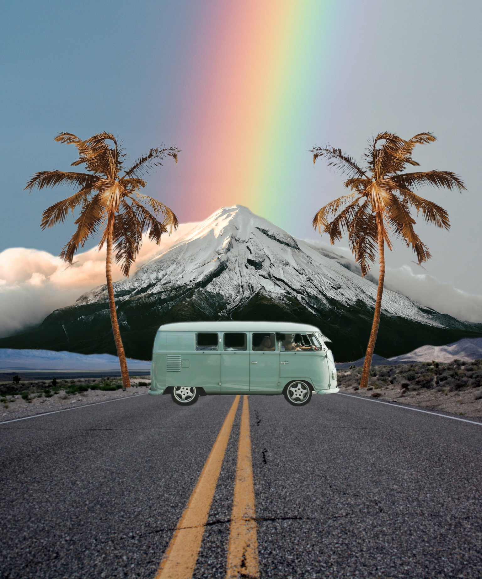 Green Old Van On The Road With Rainbow And Snowy Mountains Collage Art Template