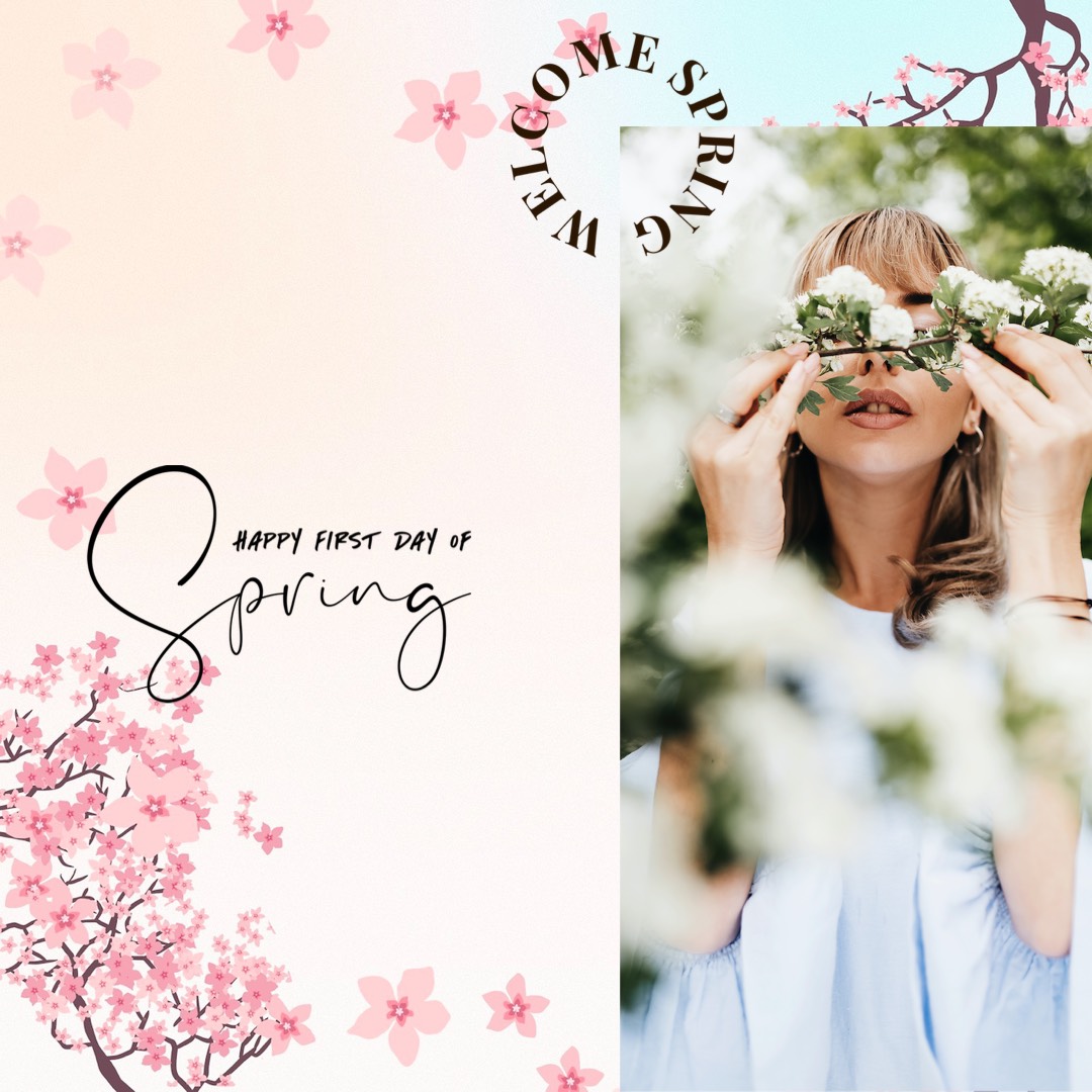 A Woman In A Blue Dress Is Holding Flowers Hello Spring Template