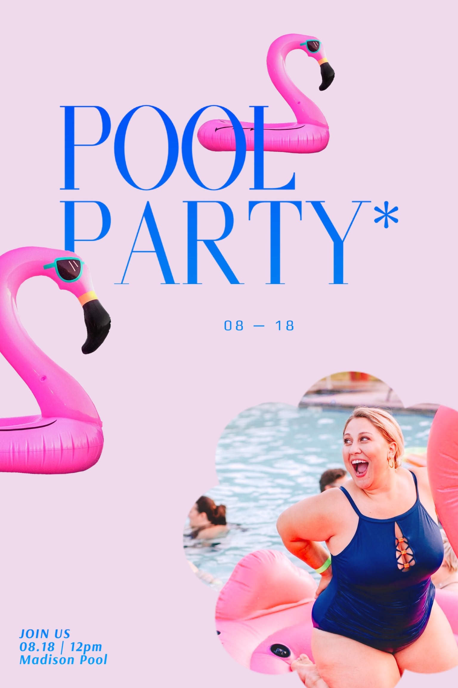 A Woman In A Blue Swimsuit Standing Next To A Pink Flamingo Pool Party Invitation Template