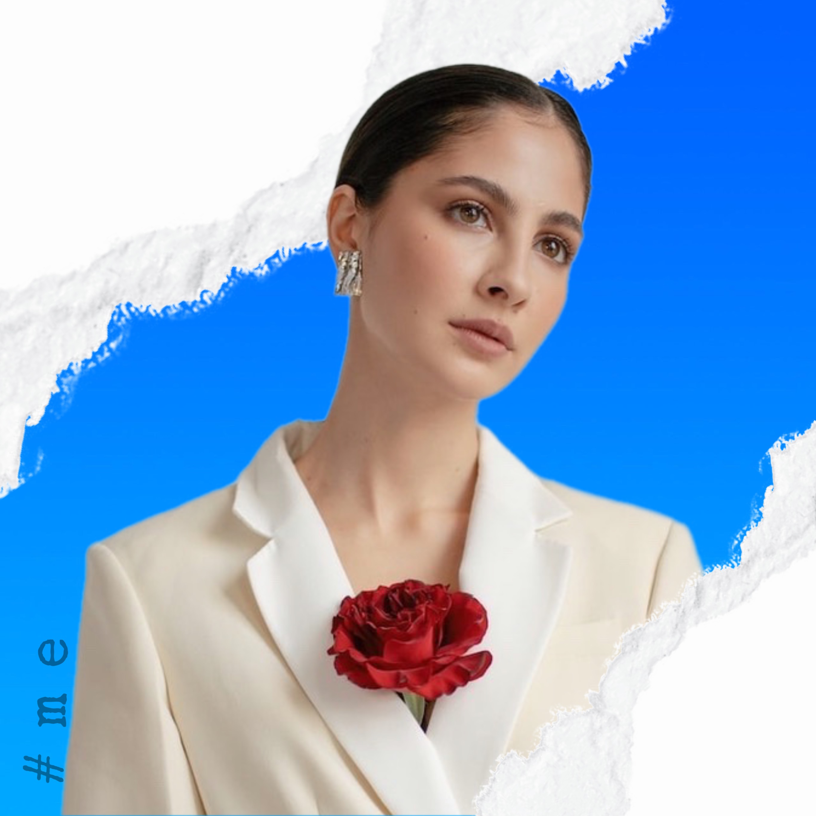 Profile Pic Of Woman In A White Suit And A Rose Blue And What Background Paper