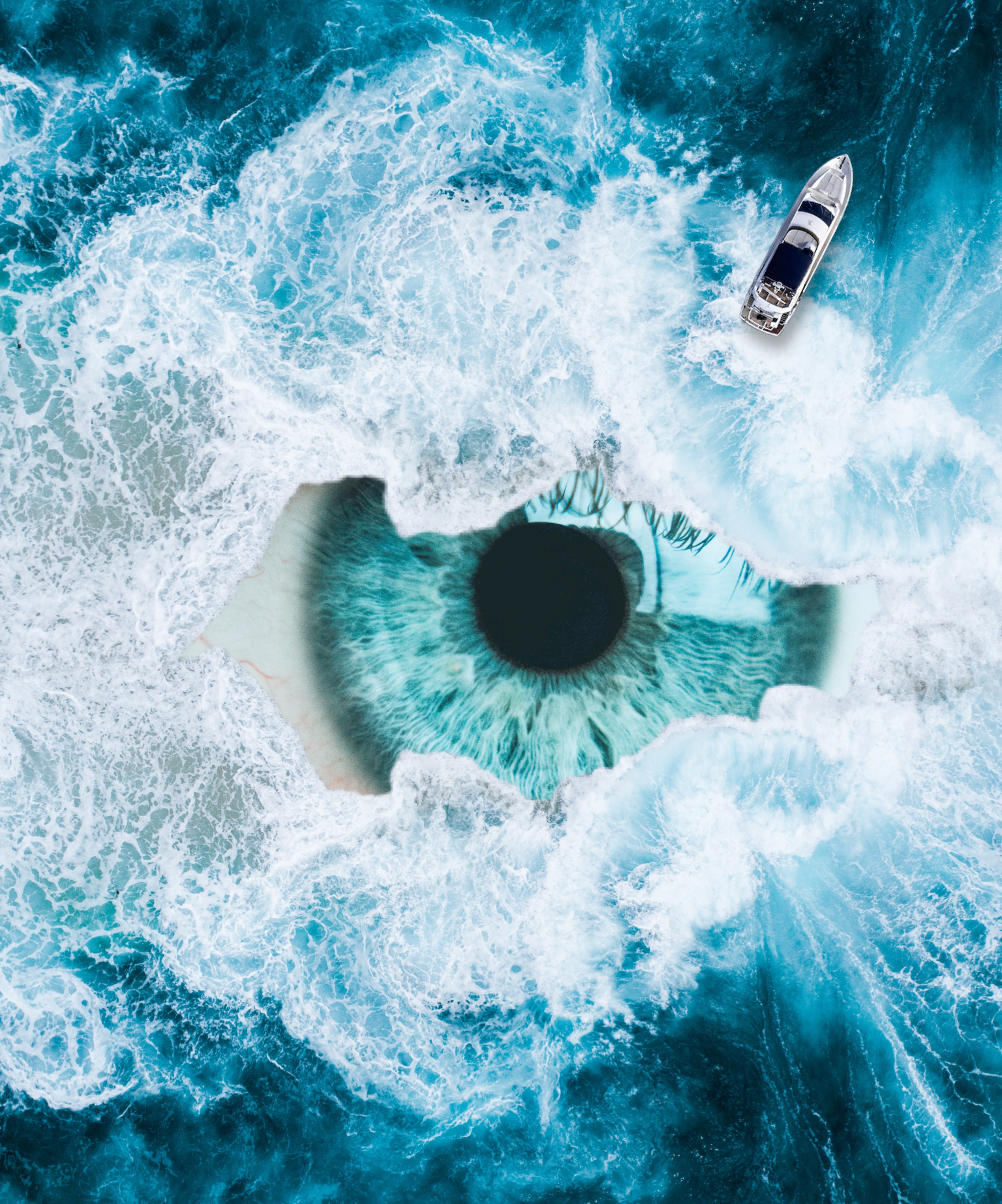 Boat In The Eye Of The Storm In The Ocean Collage Art Template
