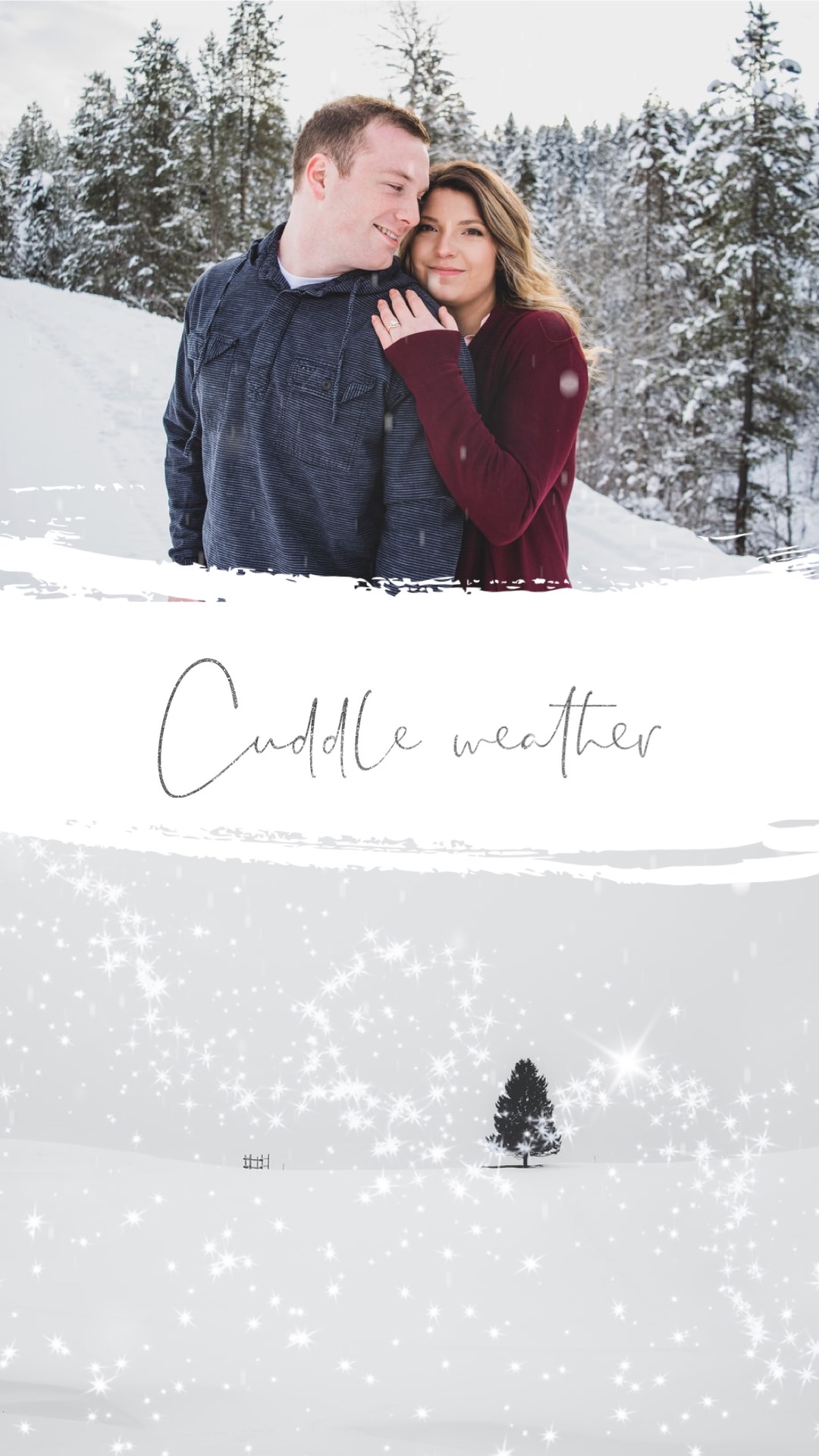 Cuddle weather man and woman on snowy mountains Winter Story template