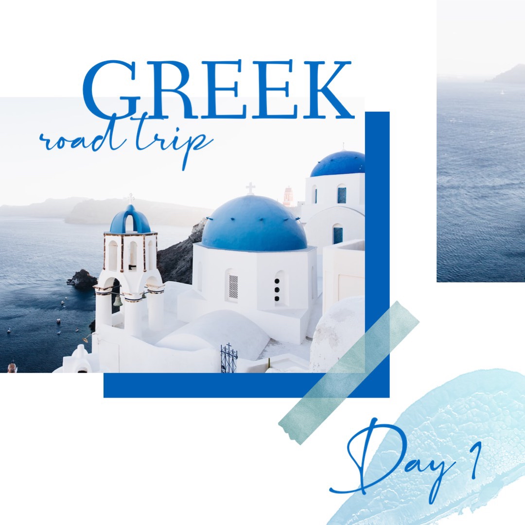 A Blue And White Photo Of A Greek Road Trip Facebook Post Template