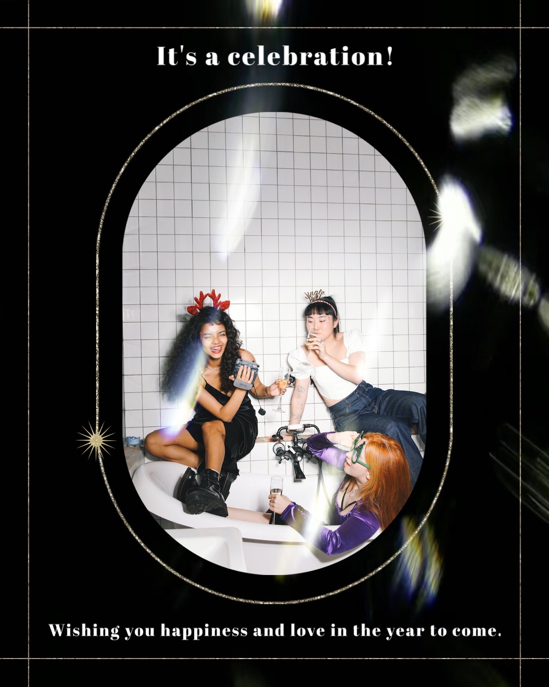 It's a celebration! Three woman partying in a bathtub Happy New Year template