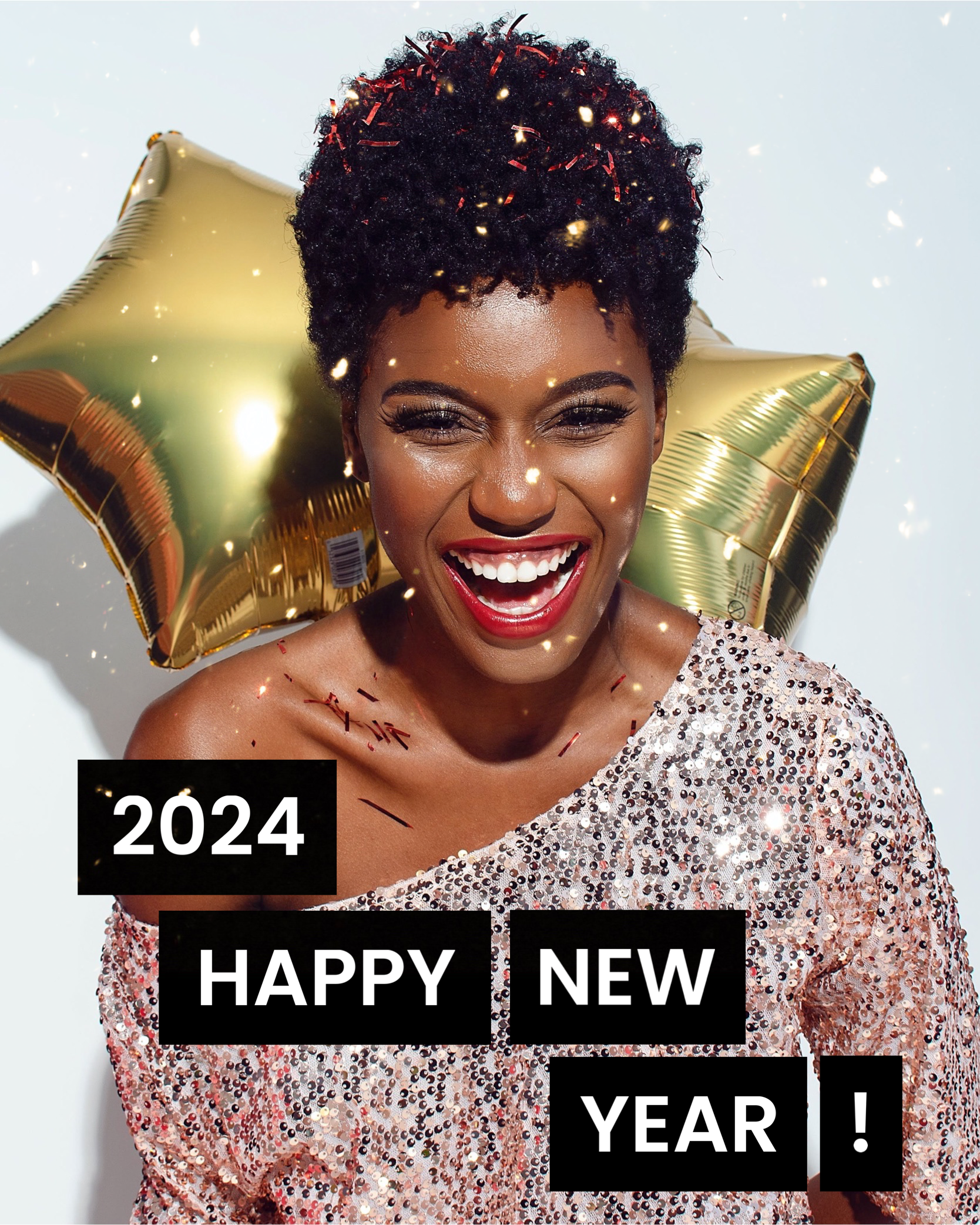 happy woman with confetti background Happy New Year Template