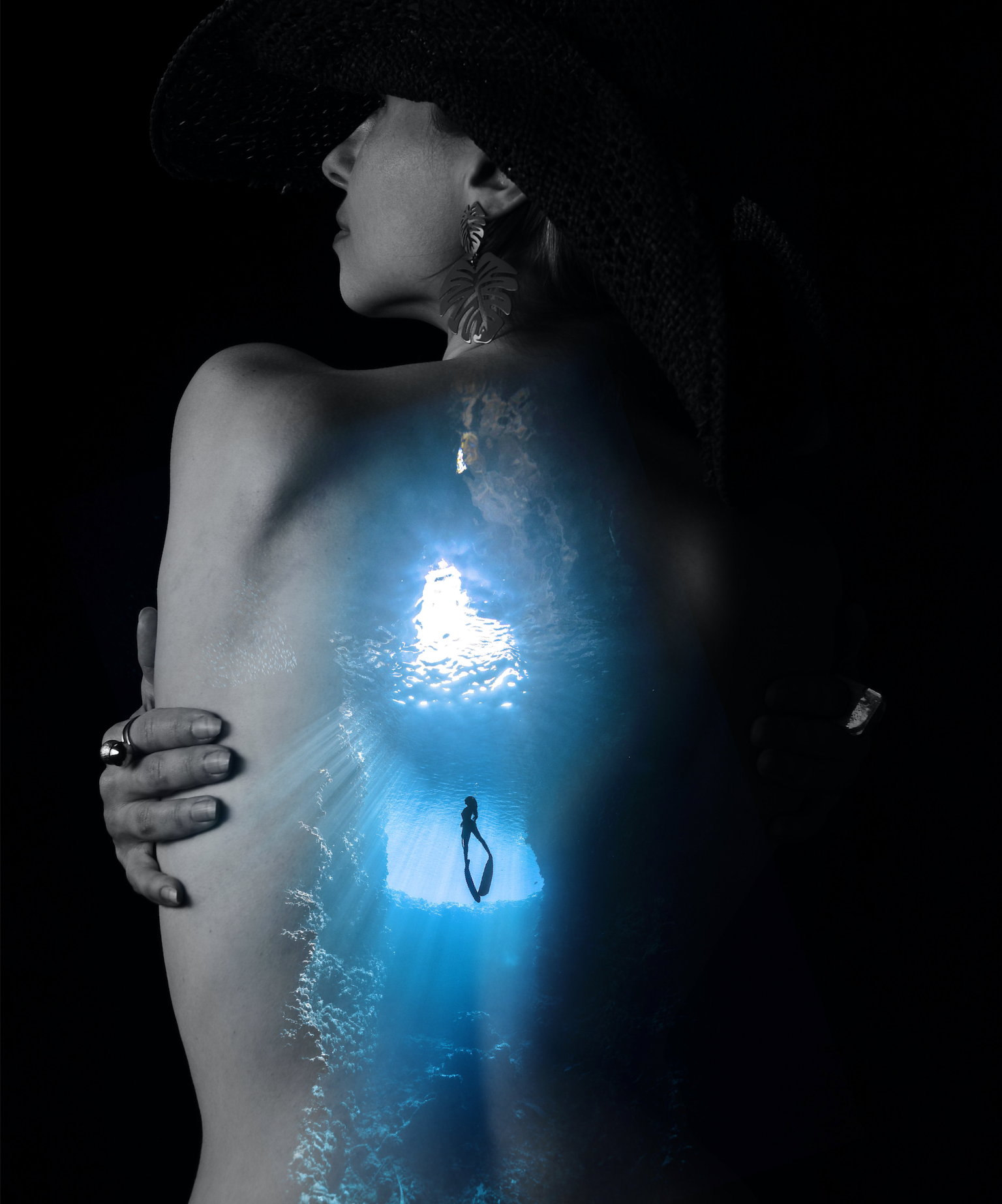 A Woman With A Hat On Her Head And A Blue Light On Her Back Collage Art Template