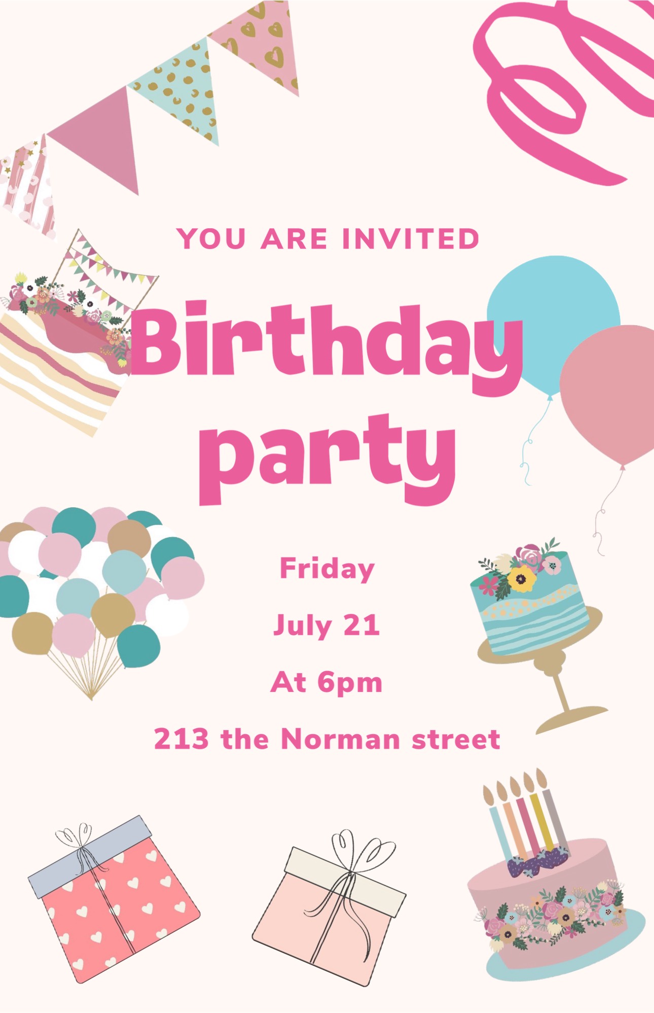 pink & beige Retro illustration Birthday Invitation