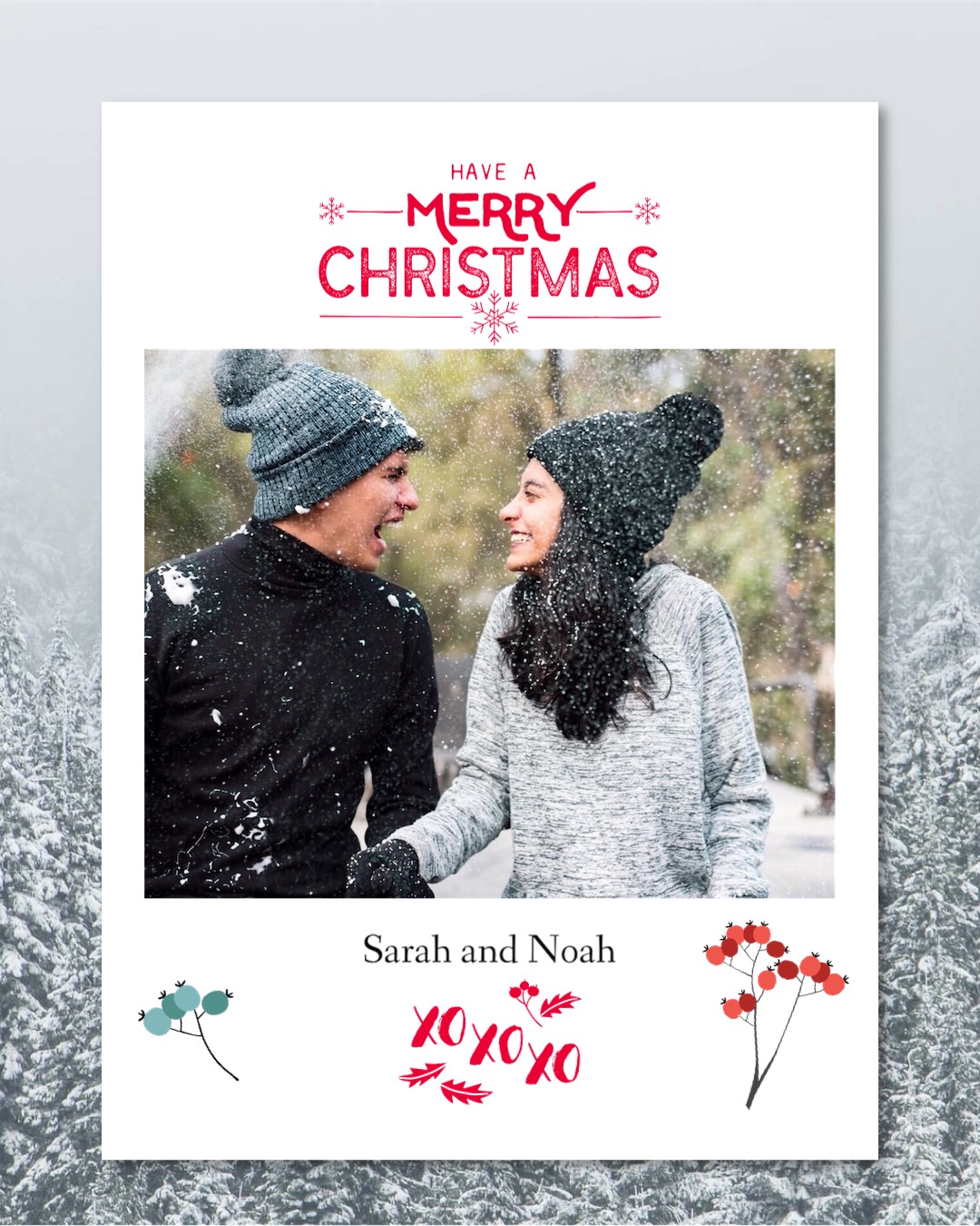 Christmas Card With An Image Of A Couple In The Snow Template