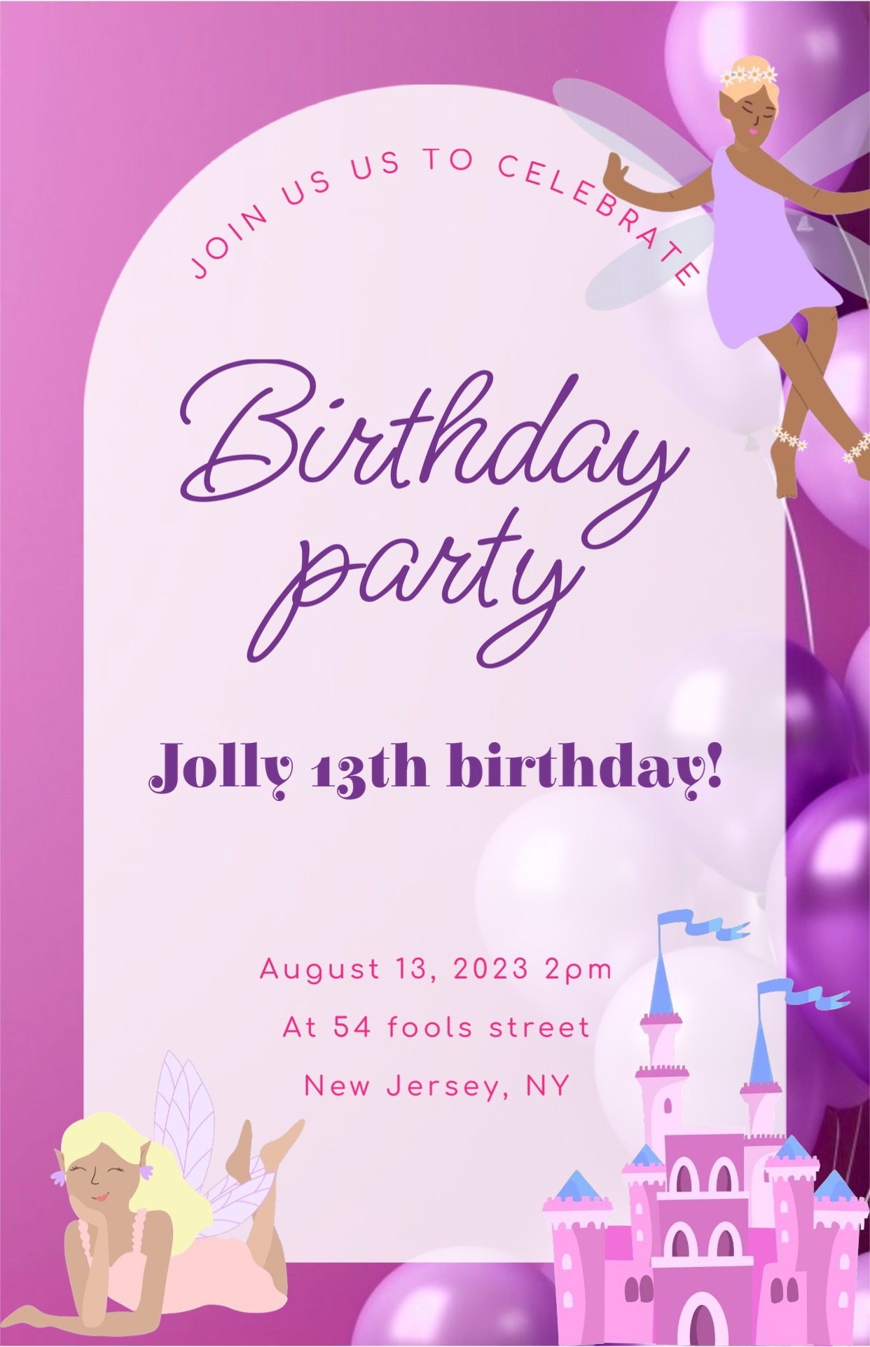 fairytale purple and pink Birthday Invitation template 