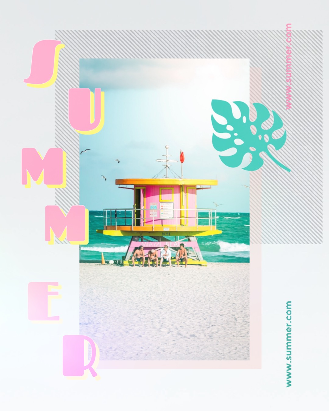 Pink Lifeguard tower at the beach retro summer template