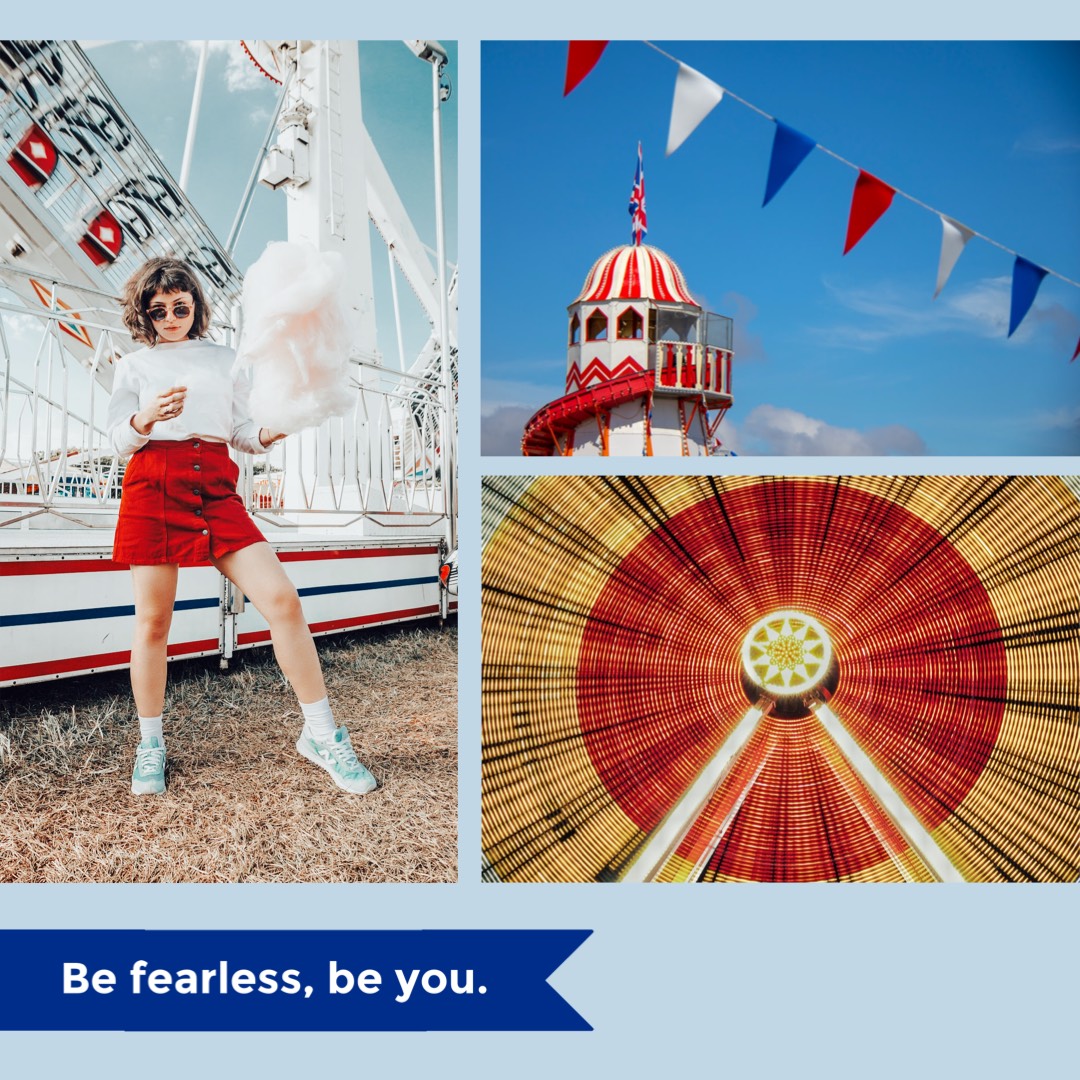 A Collage Of Photos Of A Woman In Front Of A Ferris Wheel Grids Template
