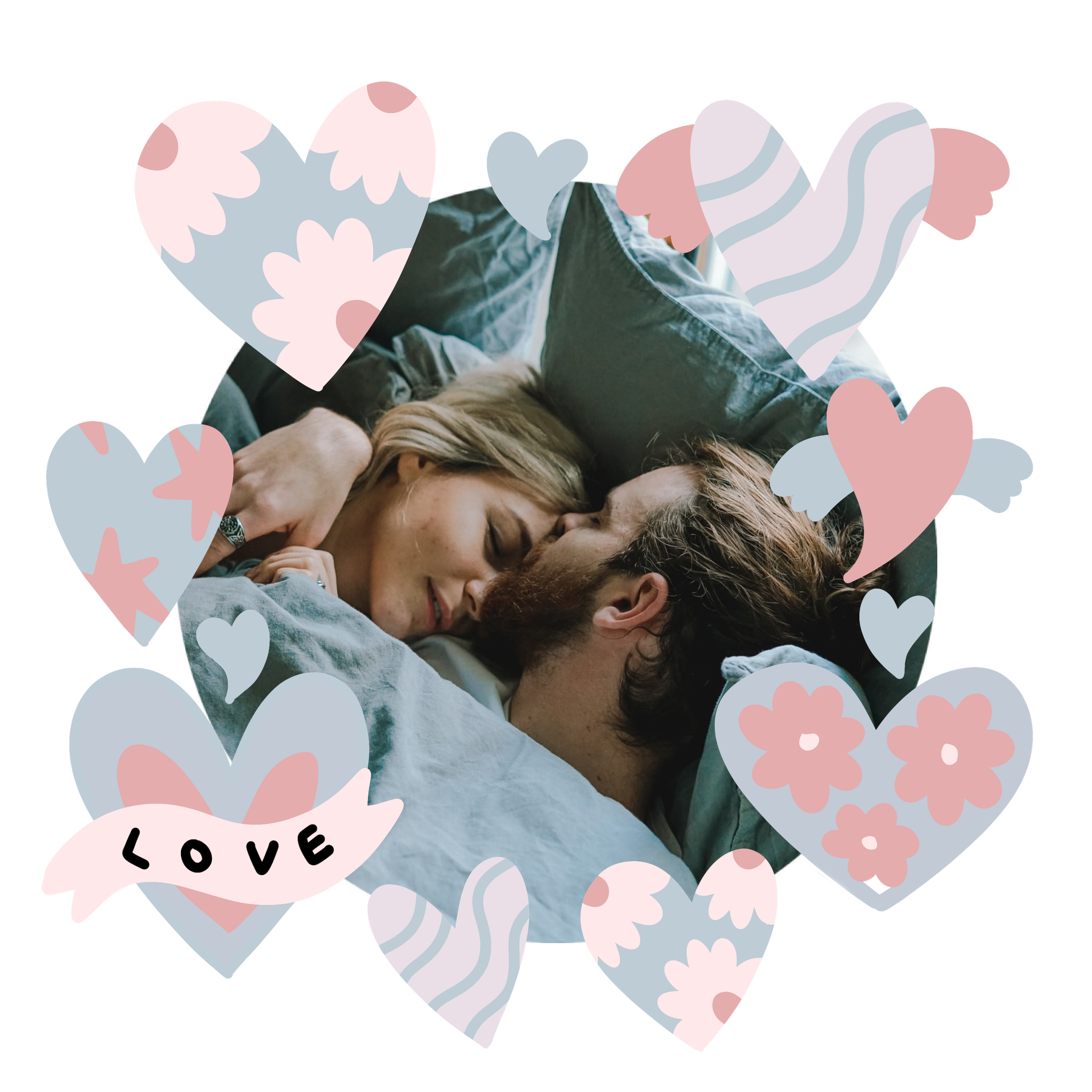 A Man And A Woman Laying In Bed Surrounded By Hearts Love Stickers Template