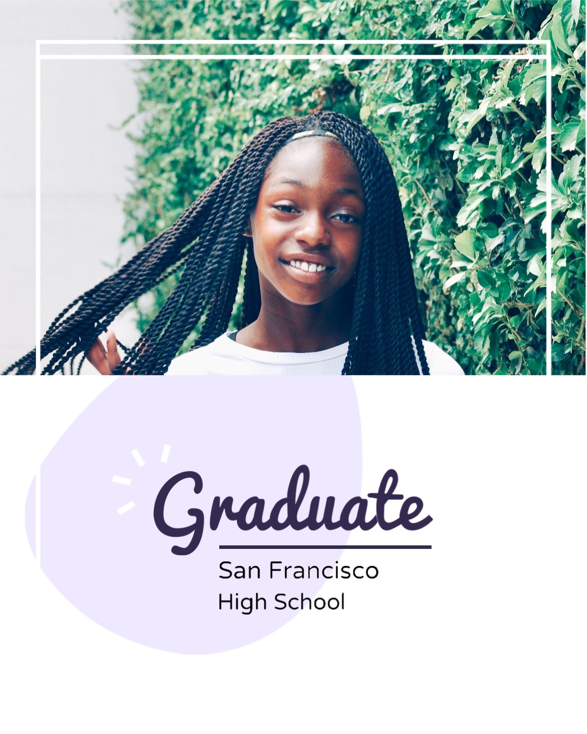 A Girl With Long Braids Smiling In Front Of A Green Wall Graduation Template