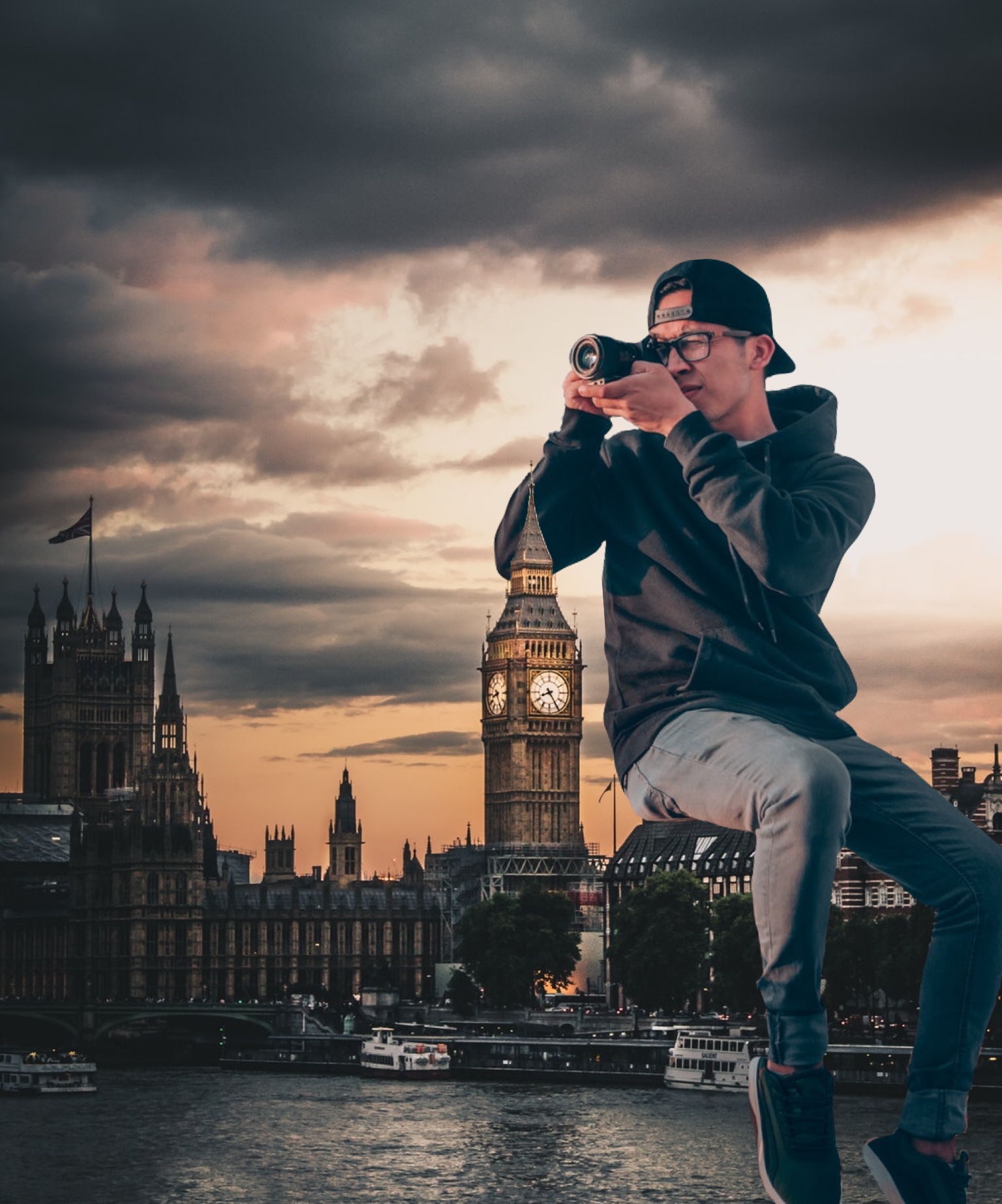Man taking a picture next to big ben london collage art template