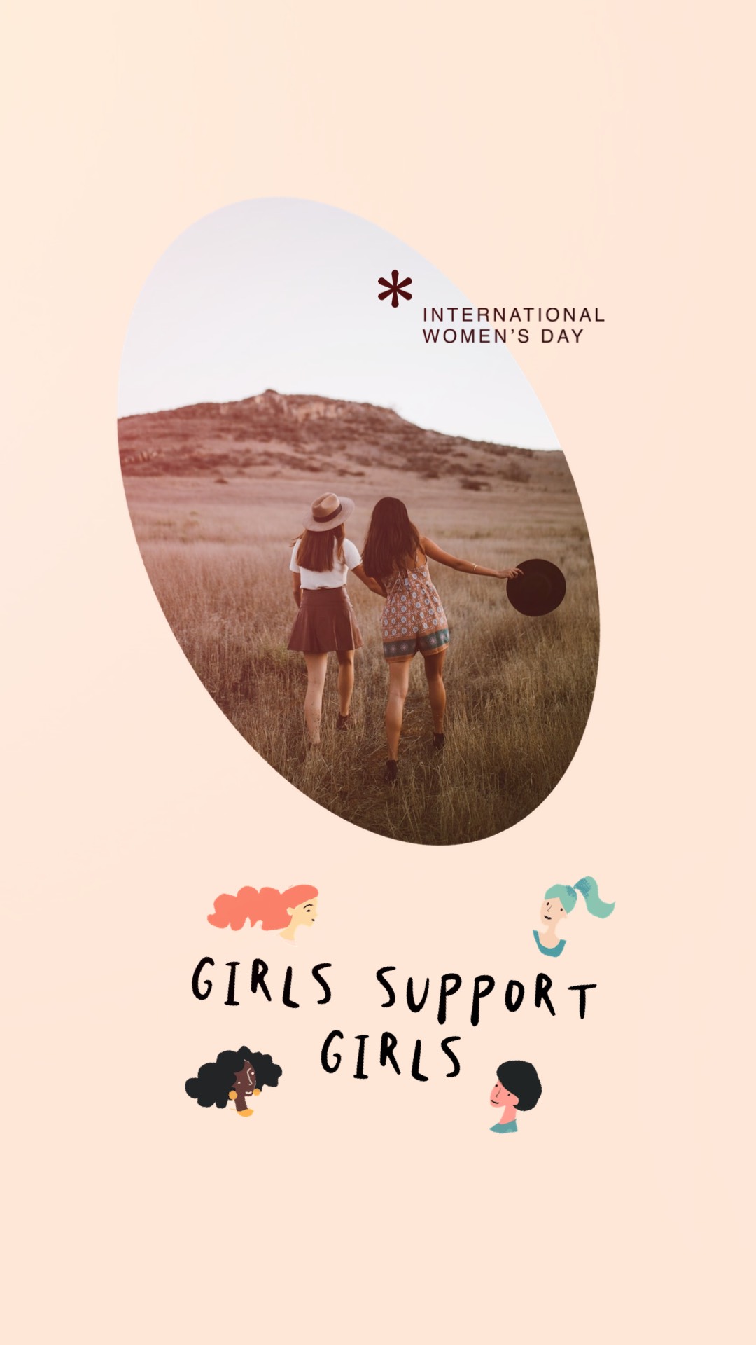 Two Girls In A Field With The Words Girls Support Girls Women S Day Template