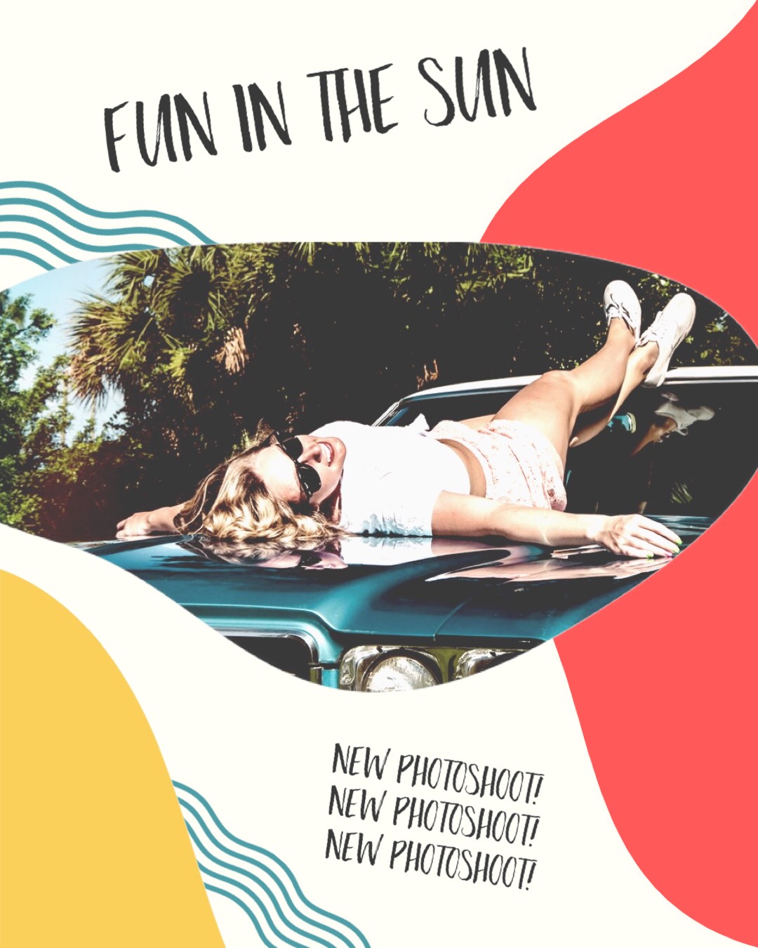 Fun In The Sun, A Woman Laying On The Hood Of A Car Retro Summer Template