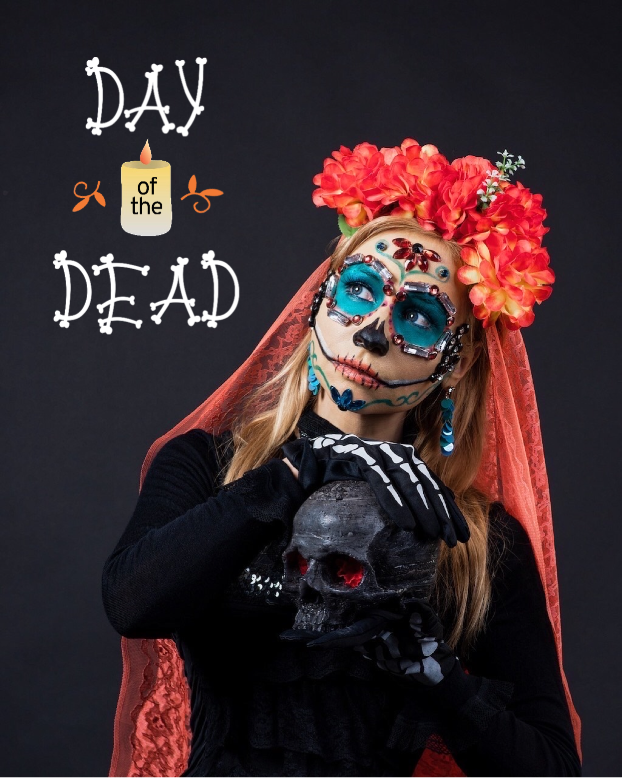 A Woman In A Skeleton Costume Holding A Skull Day Of The Dead Template