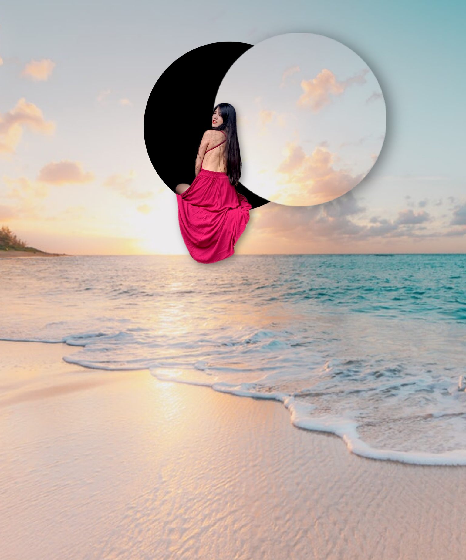 A Woman In A Pink Dress Standing On A Beach Collage Art Template