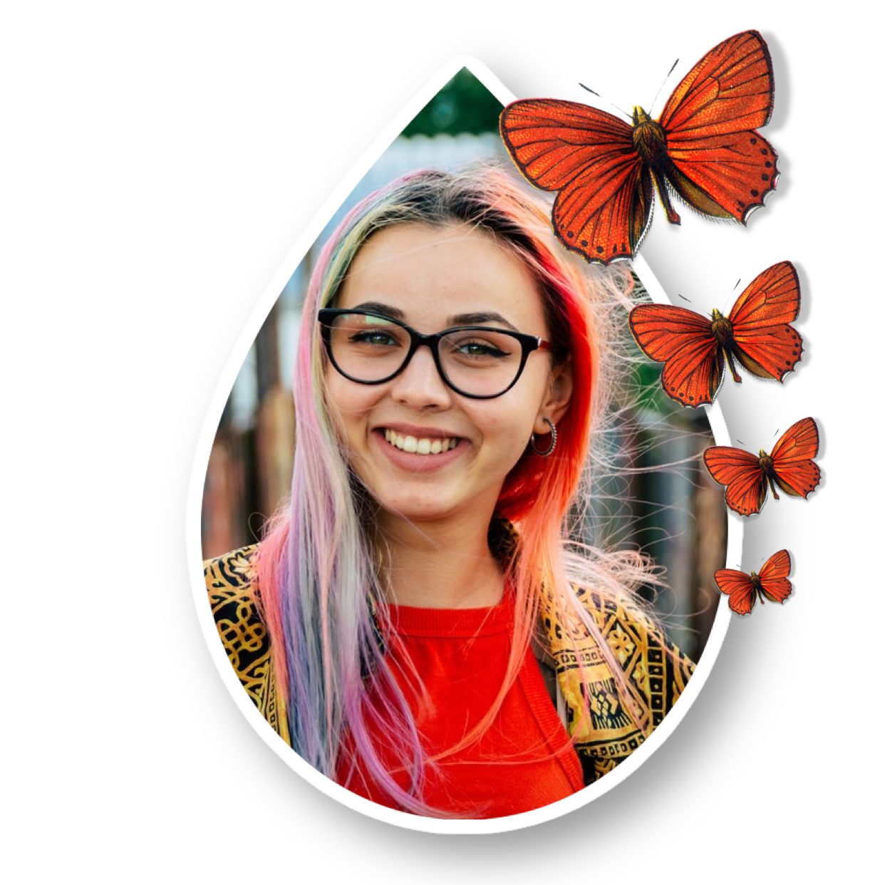 A Woman With Pink Hair And Glasses With Butterflies Whatsapp Sticker Template