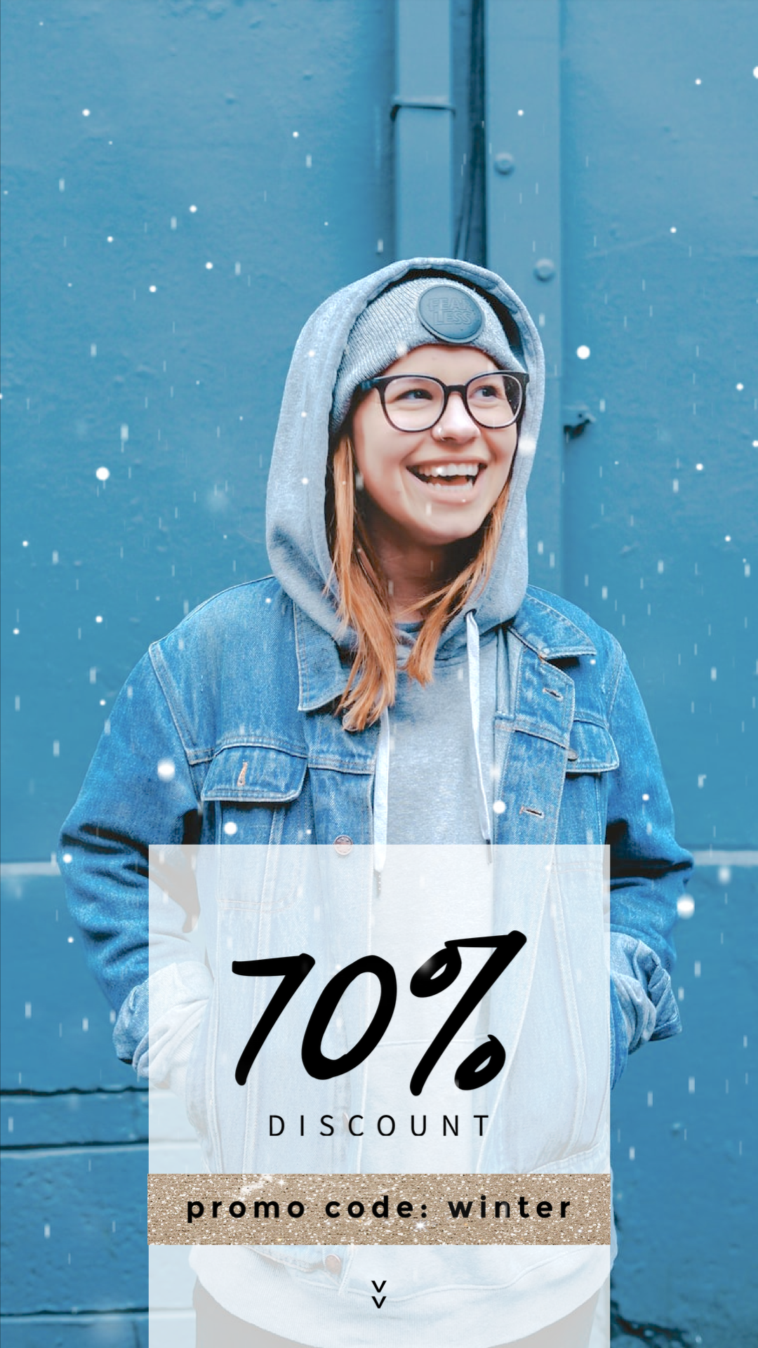 A Woman Wearing A Hoodie With The Text 70 % Discount On It Winter Story Template
