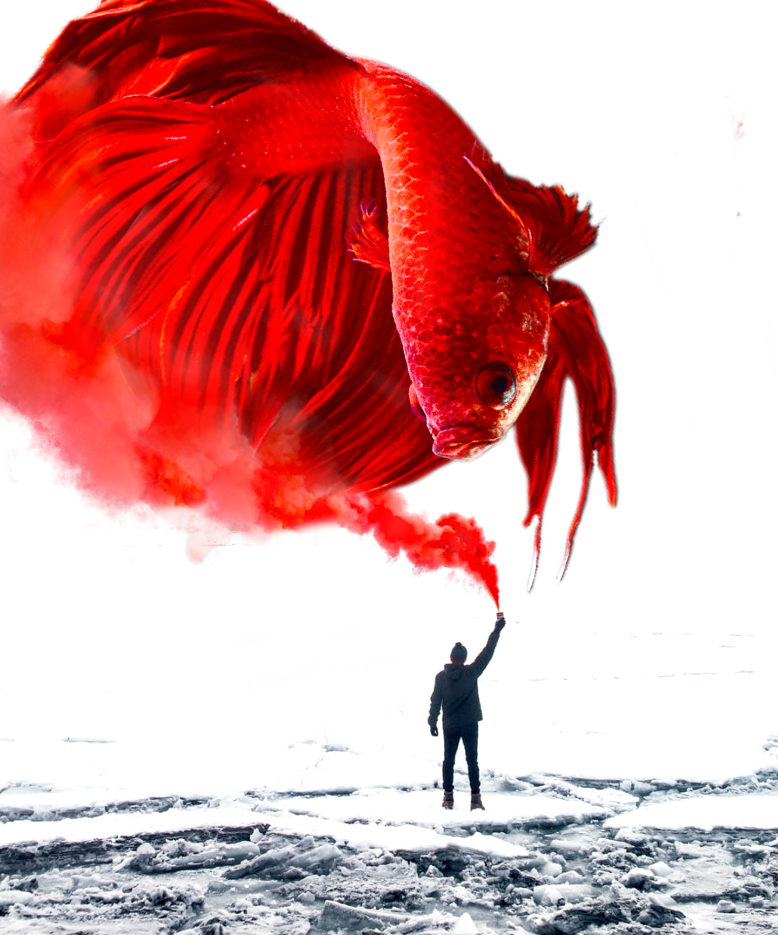 Red Smoke Turns To Fish Surreal Collage Art Template