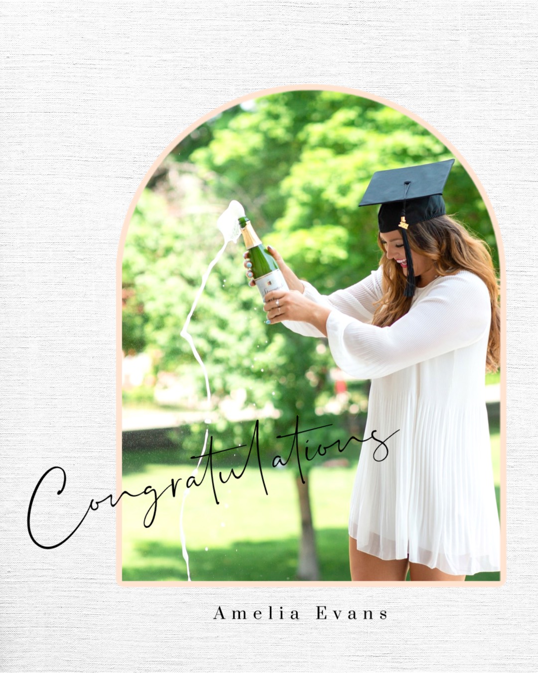 female student holding a champagne graduation template 